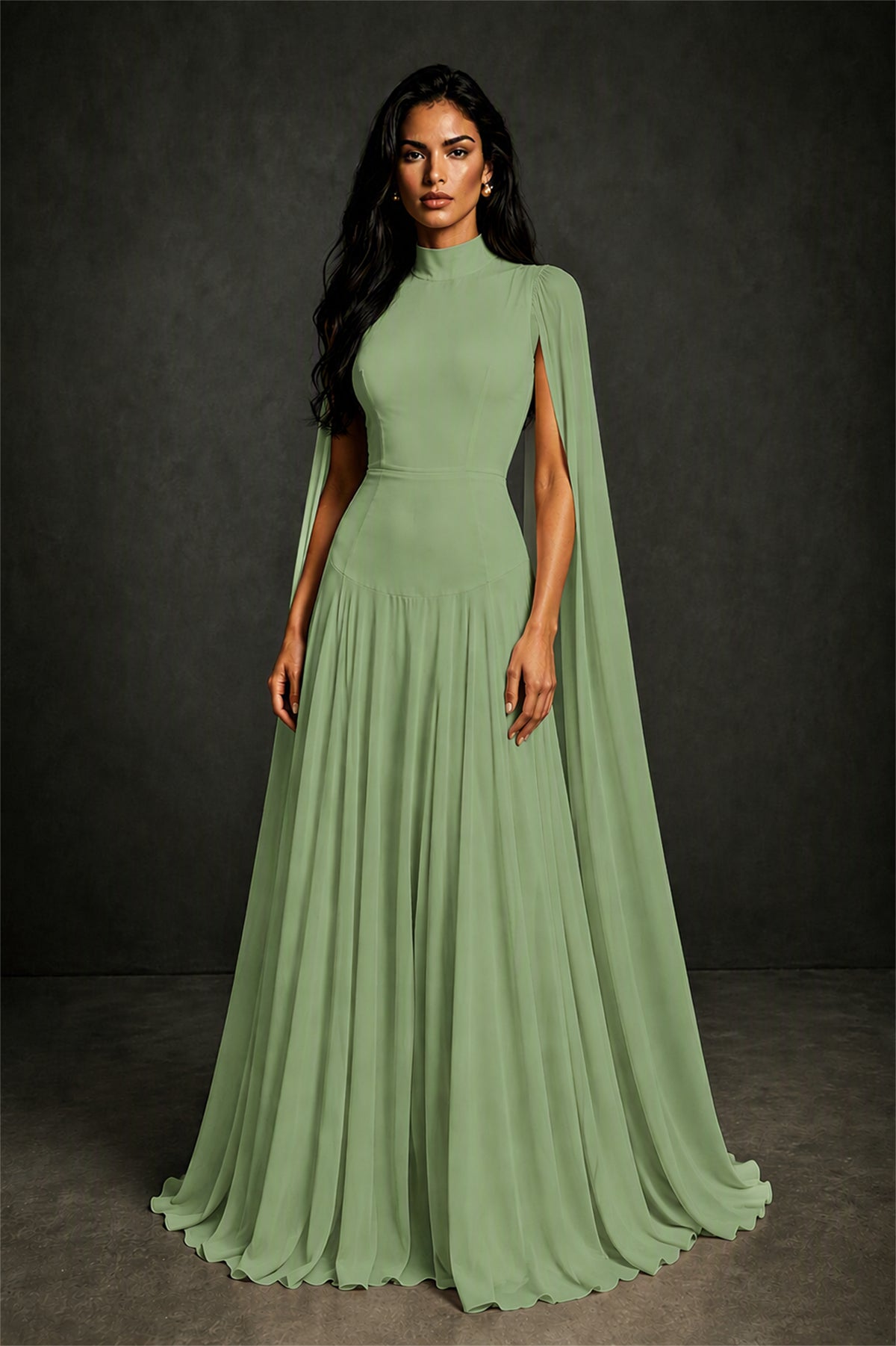 BOLODOO Sage Green Mock Neck Cape Sleeve A-Line Chiffon Maxi Dress - Sage Green