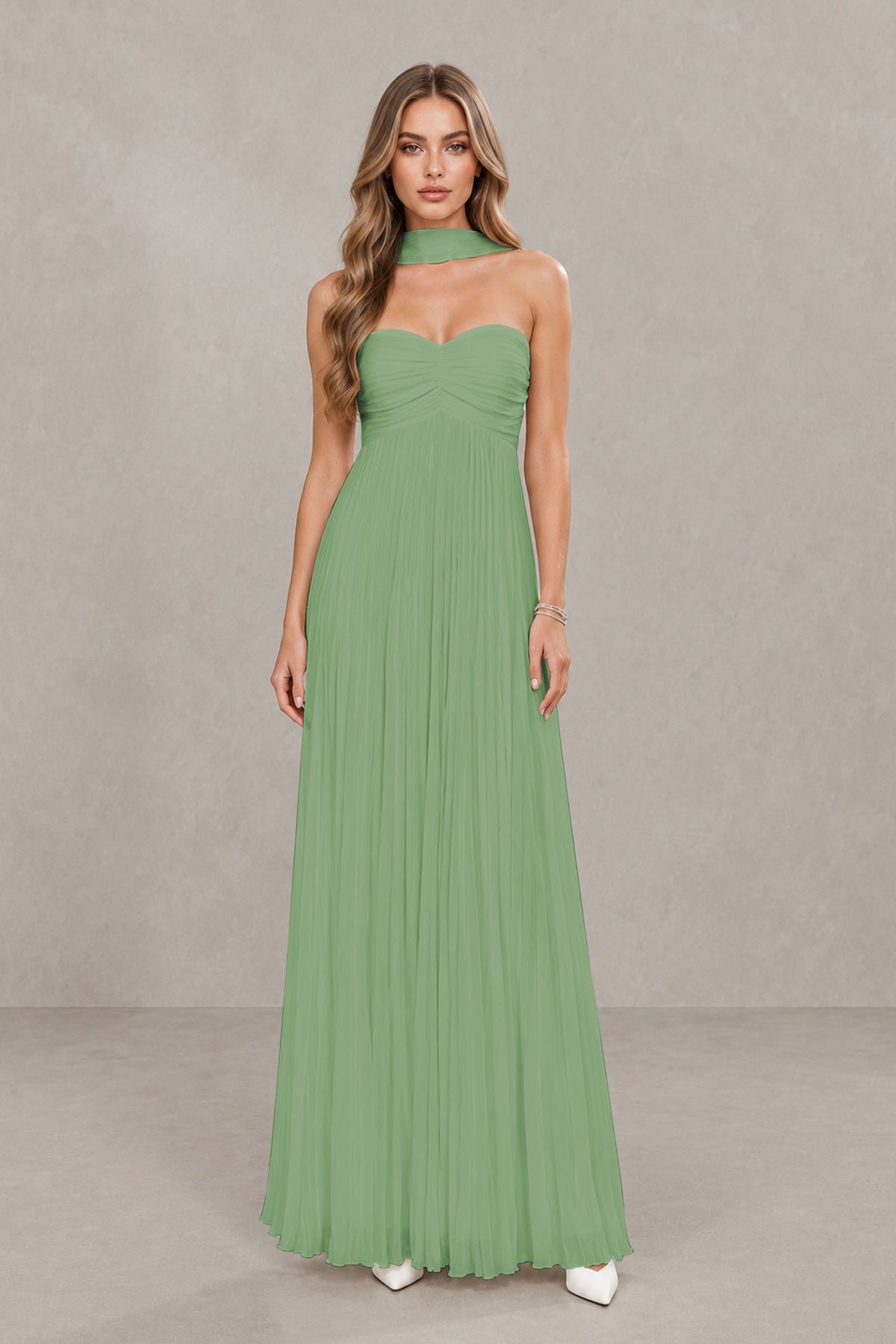 BOLODOO Sage Green Strapless Chiffon-Look Maxi Dress with Lace-Up Back & Cape - Sage Green