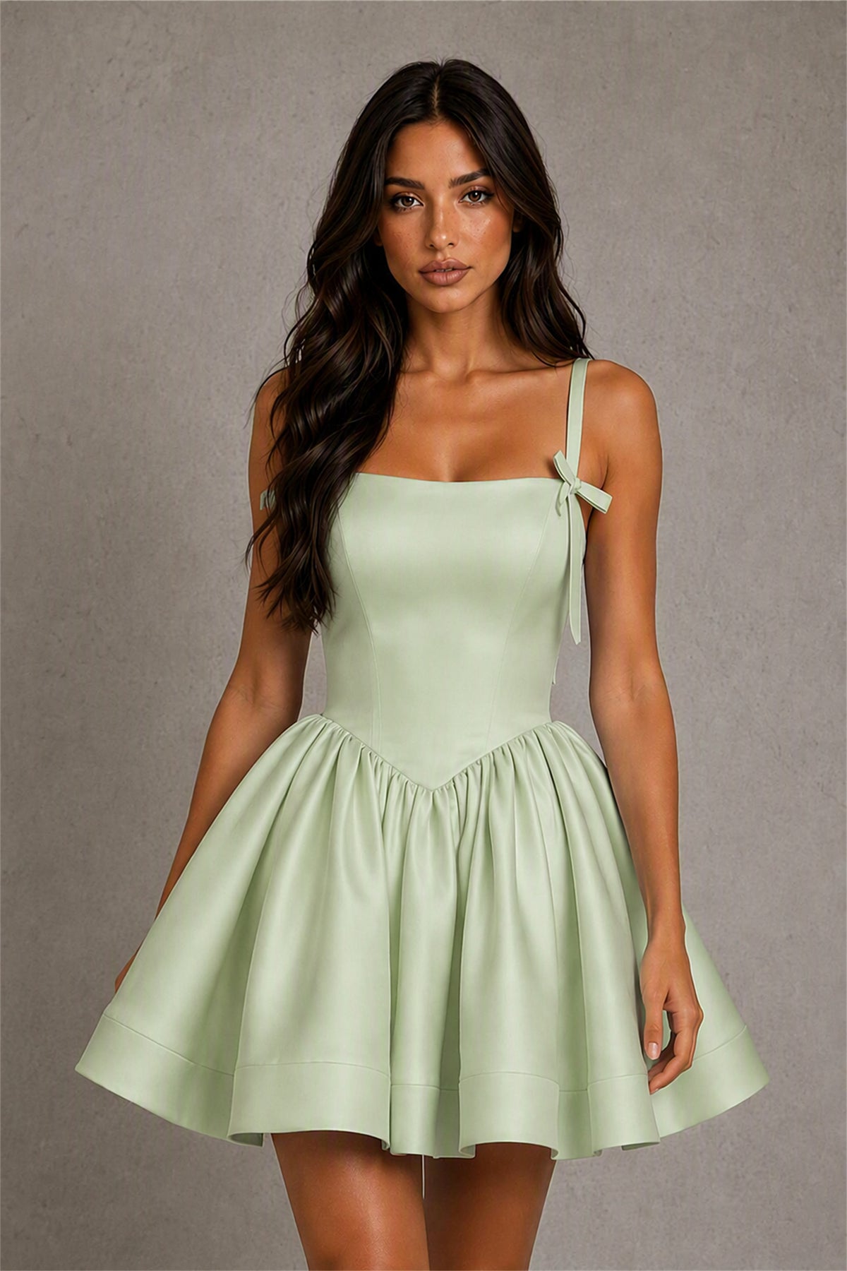 BOLODOO Baby Sage Green Satin Square Neck Bow Strap Lace-Up Back Bubble Mini Dress | Cocktail Party Date Night Dress - Sage Green