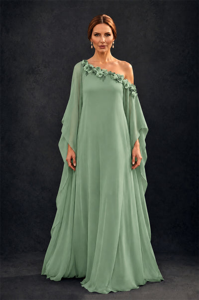 BOLODOO Sage Green 2-Piece Set: Off-Shoulder 3D Floral Cape Gown & One-Shoulder Wide-Leg Jumpsuit | BD0373 - Sage Green