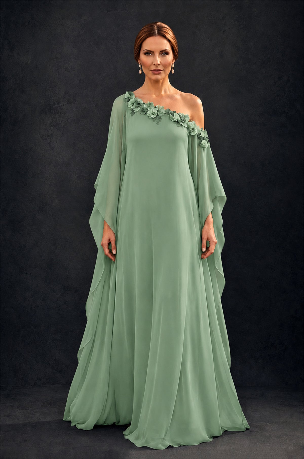 BOLODOO Sage Green 2-Piece Set: Off-Shoulder 3D Floral Cape Gown & One-Shoulder Wide-Leg Jumpsuit | BD0373 - Sage Green