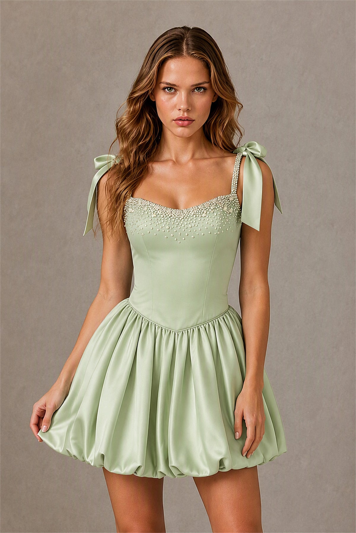 BOLODOO Sage Green Satin Pearl Embellished Sweetheart Bow Strap Bubble Hem Mini Dress | Cocktail Prom Homecoming Dress - Sage Green