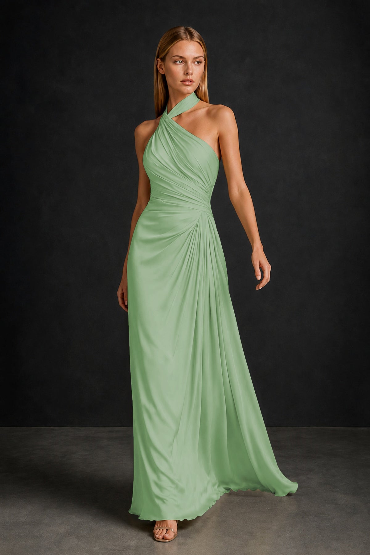 BOLODOO Sage Green Twisted Halter Neck Ruched Sleeveless Open Back Floor-Length Gown - Sage Green
