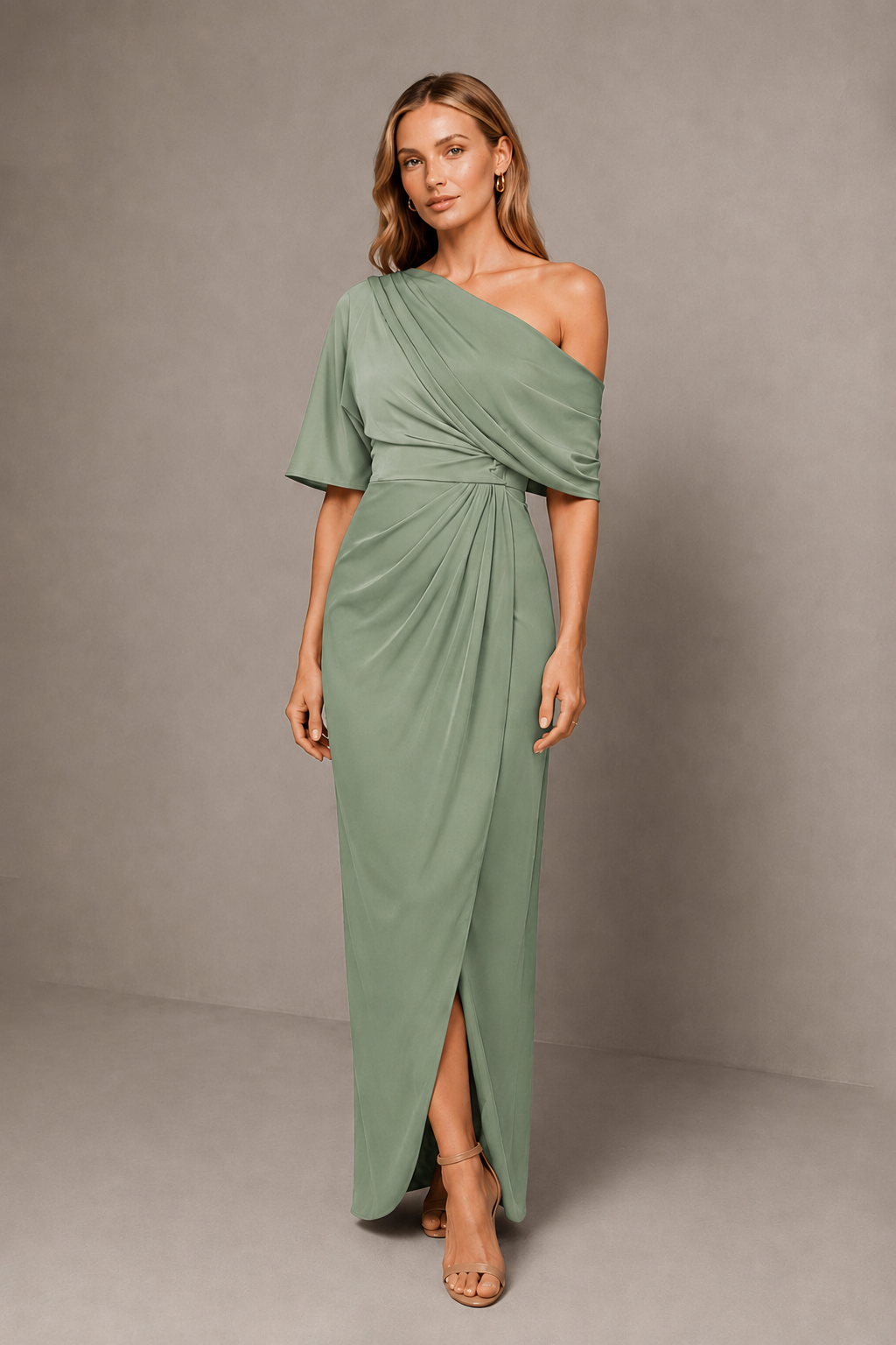 BOLODOO Sage Green One-Shoulder Draped Satin Maxi Dress with Front Slit - Sage Green