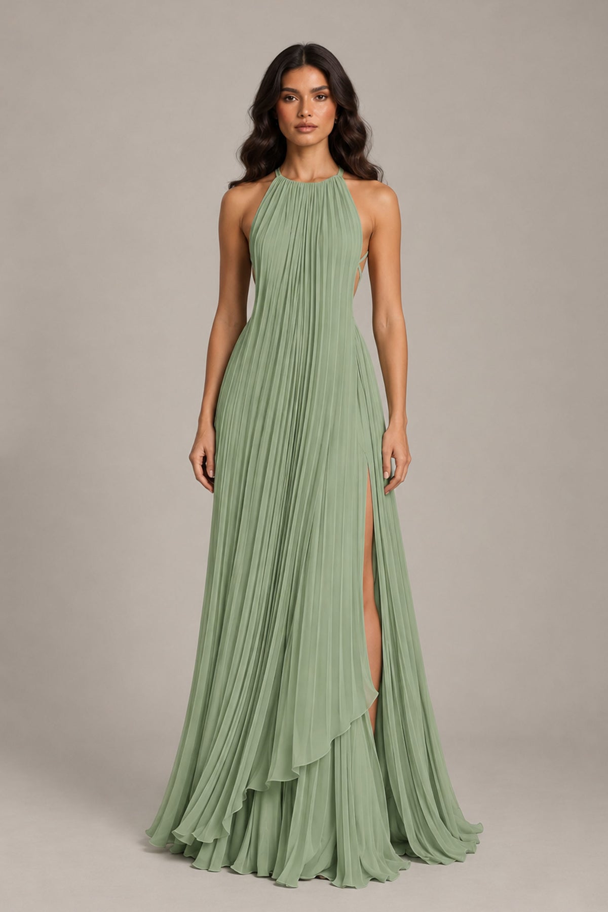 BOLODOO Sage Green Halter Neck Pleated Chiffon Maxi Dress with Side Slit - Sage Green