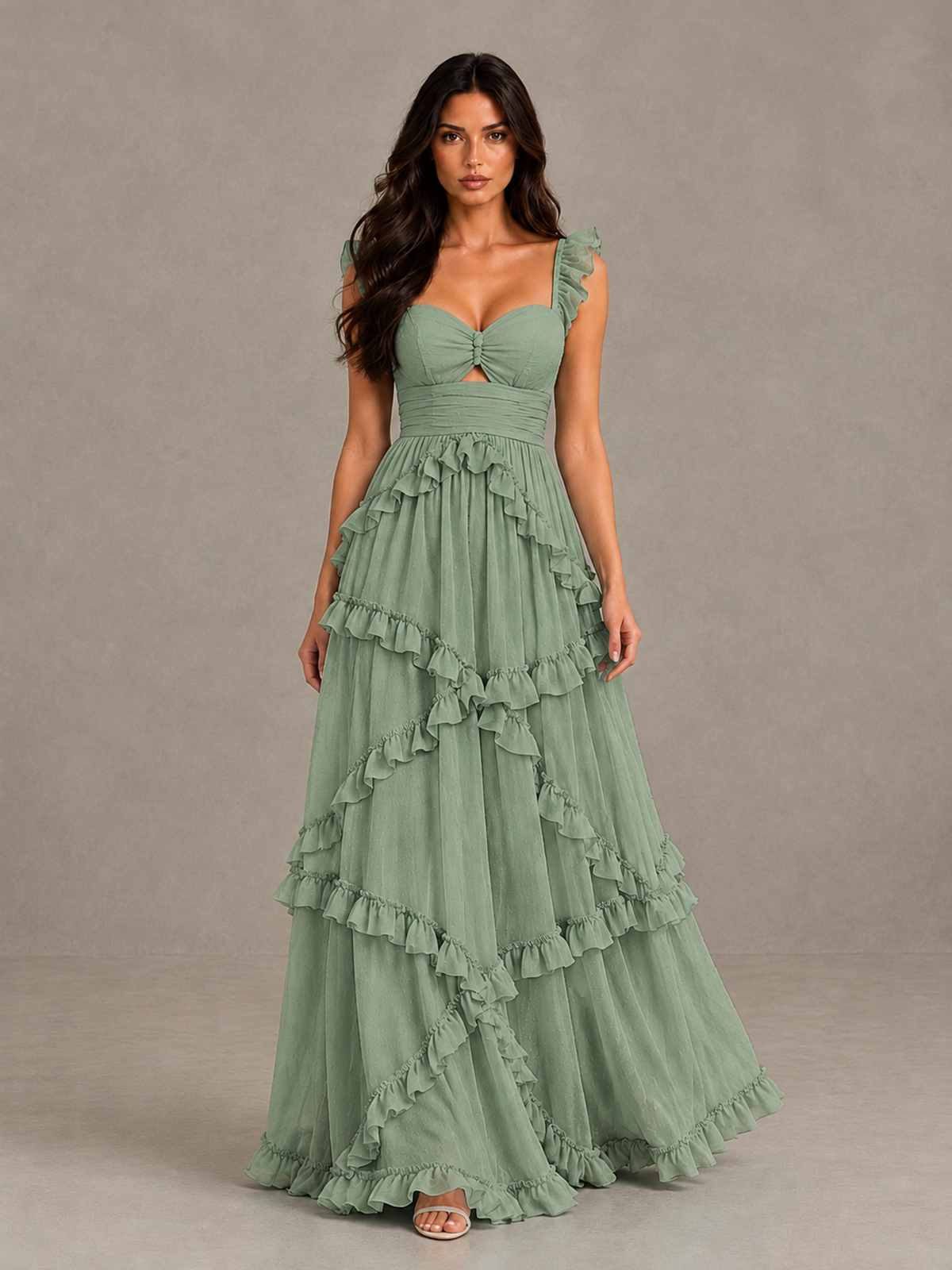 BOLODOO Sage Green Ruffle A-Line Prom Dress with Open Back - Sage Green - Sage Green (1)