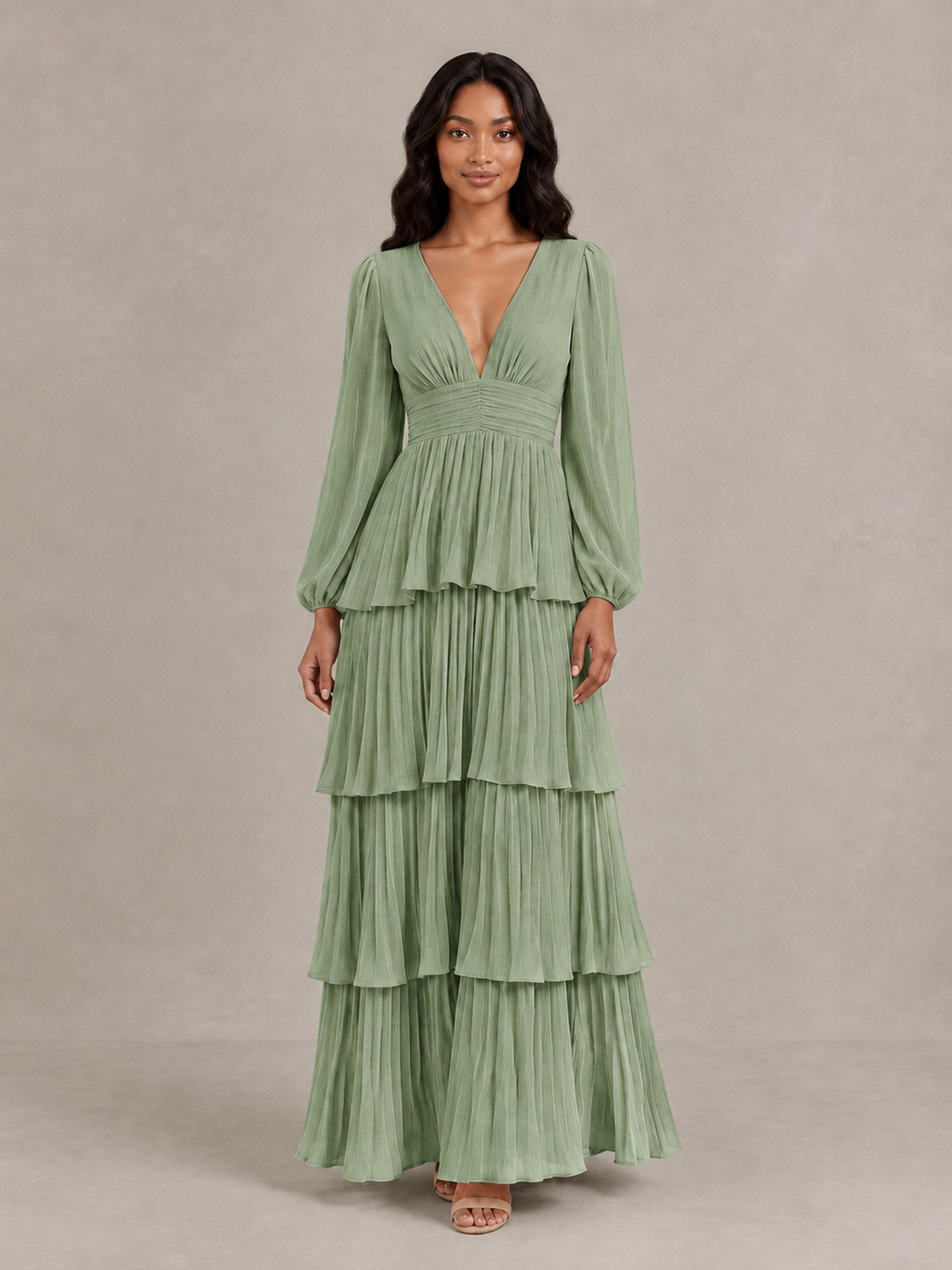 BOLODOO Sage Green Long-Sleeve Tiered Maxi Dress with Deep V-Neck - Sage Green