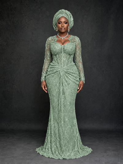 BOLODOO Sage Green Beaded Lace Long Sleeve Mermaid Gown Sweetheart | Mother of the Bride - Sage Green