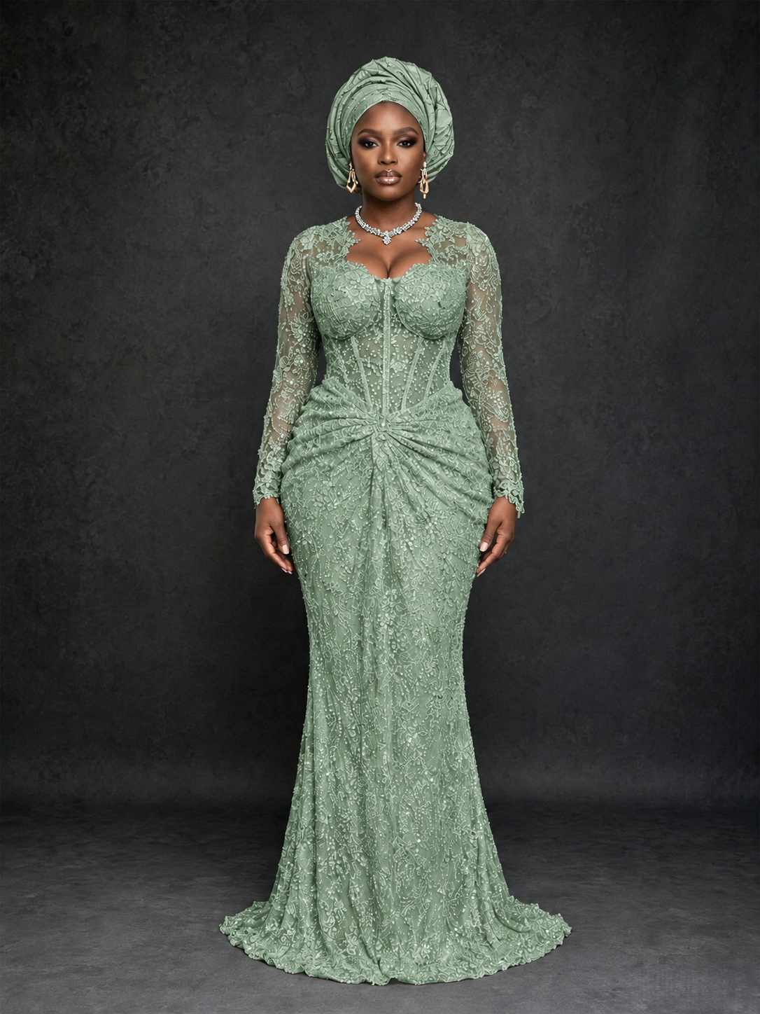 BOLODOO Sage Green Beaded Lace Long Sleeve Mermaid Gown Sweetheart | Mother of the Bride - Sage Green