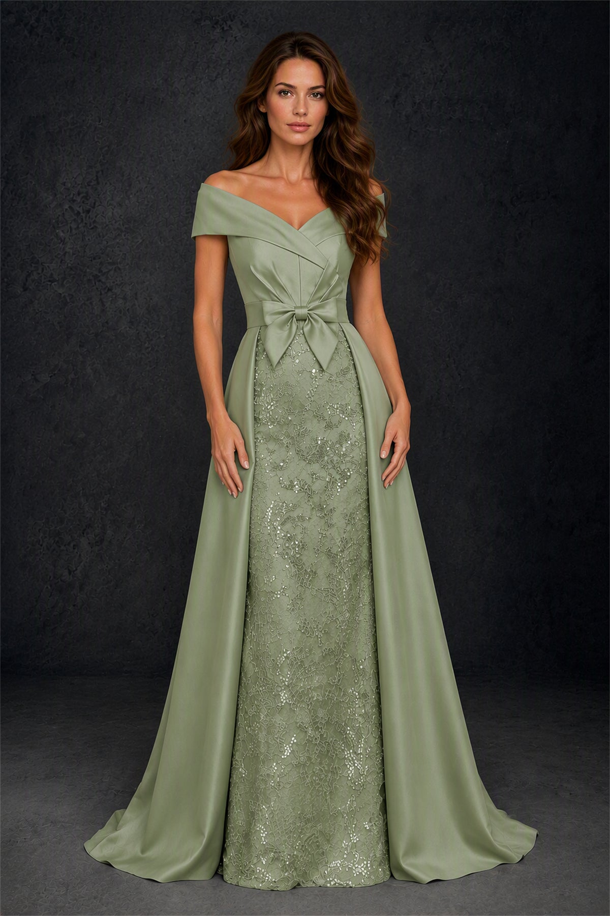 BOLODOO Steel Sage Green Off-Shoulder Satin Sequin Lace Mermaid Gown with Detachable Overskirt - Sage Green