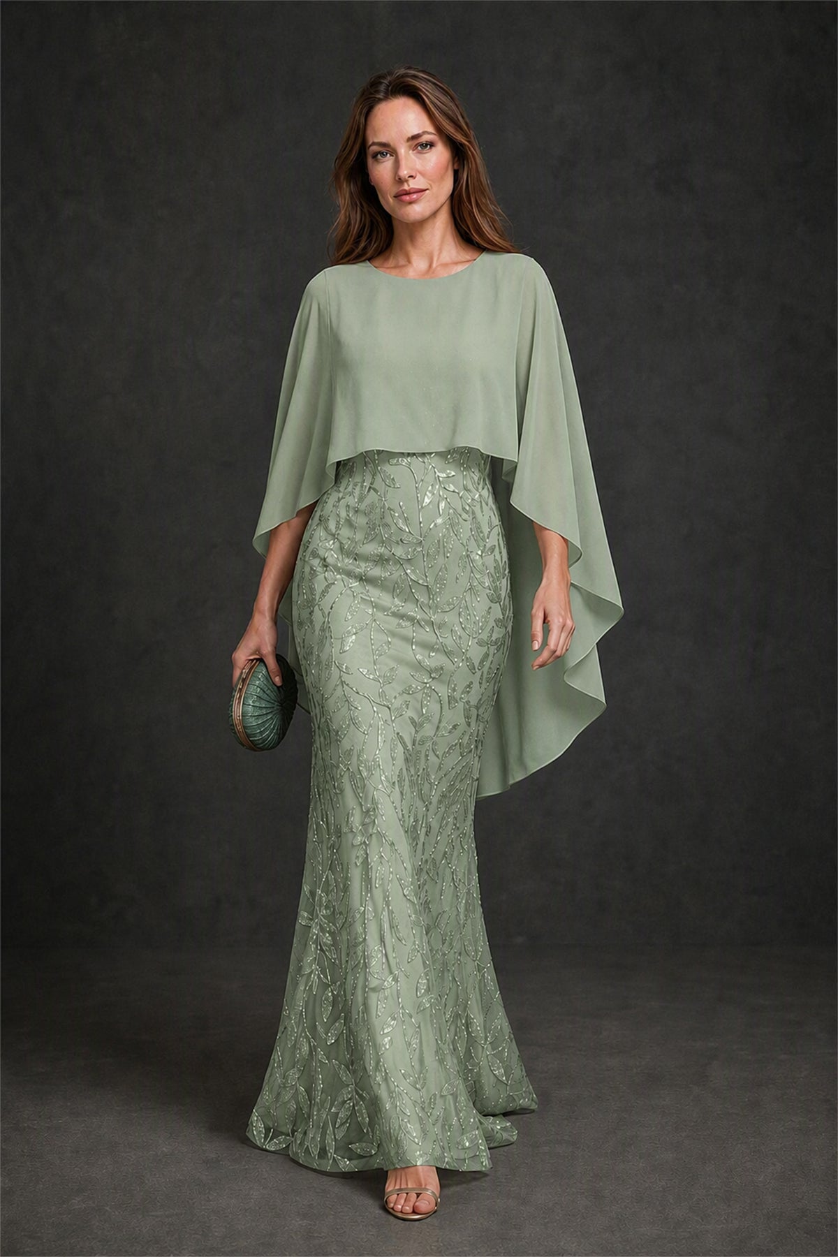 BOLODOO Sage Green Round Neck Chiffon Cape Overlay Sequin Lace Mermaid Maxi Dress - Sage Green