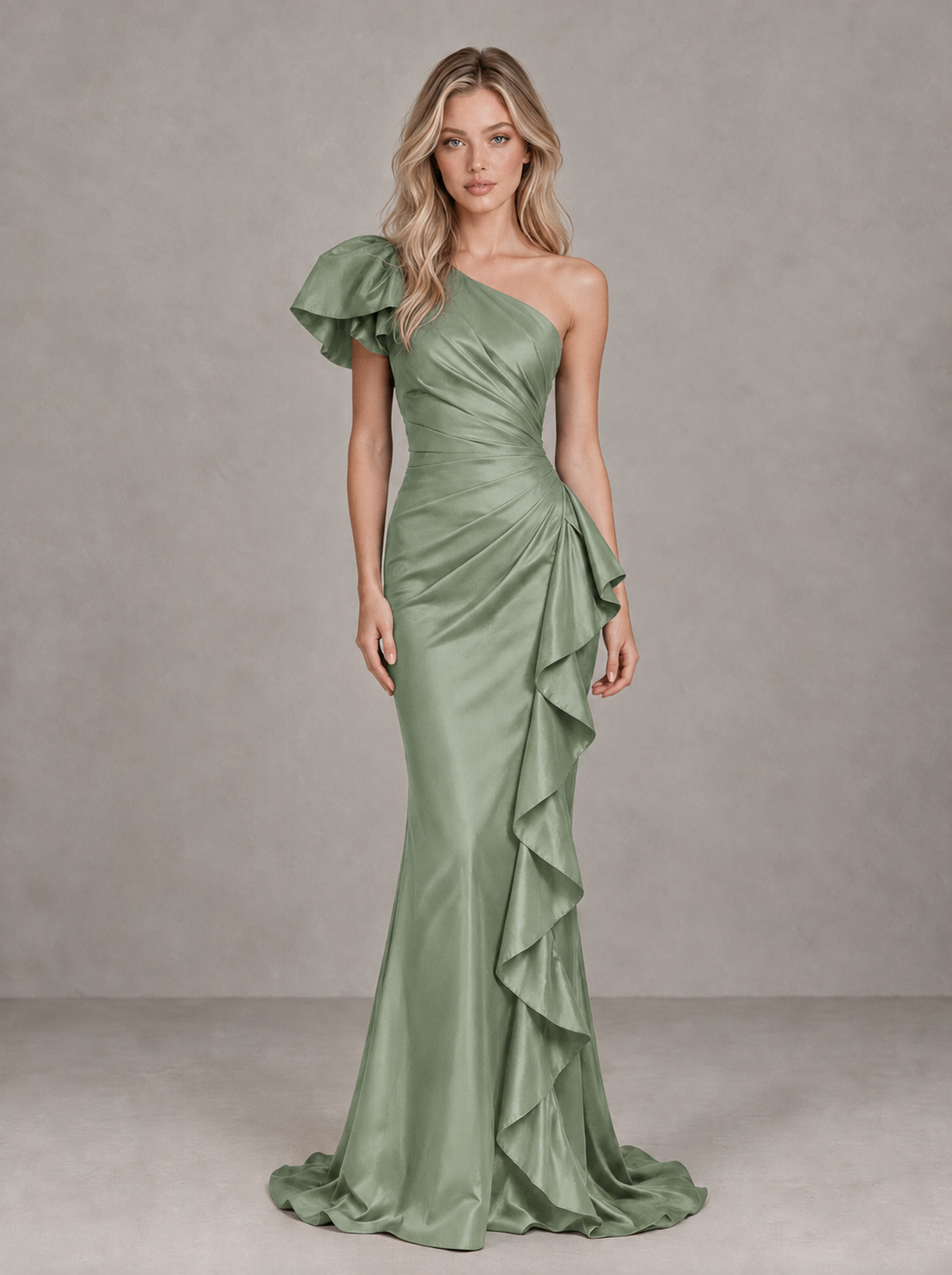 BOLODOO Sage Green One-Shoulder Satin-Look Mermaid Evening Dress with Ruffles - Sage Green - Sage Green (1)