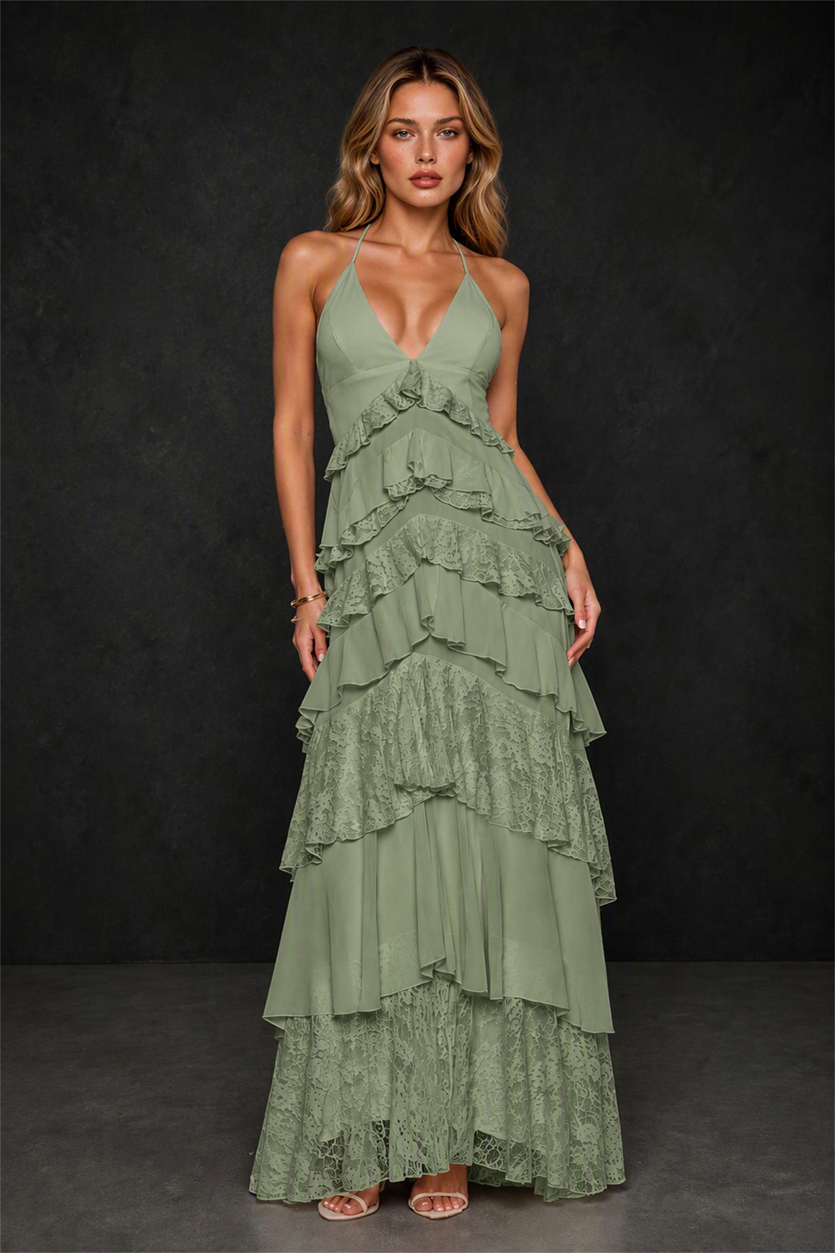 BOLODOO Sage Green Tiered Ruffle Lace Halter Backless Maxi Dress - Sage Green