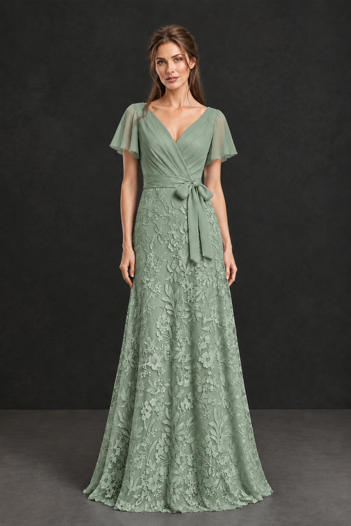 BOLODOO Sage Green Flutter Sleeve Lace Mother of the Bride Dress - Sage Green