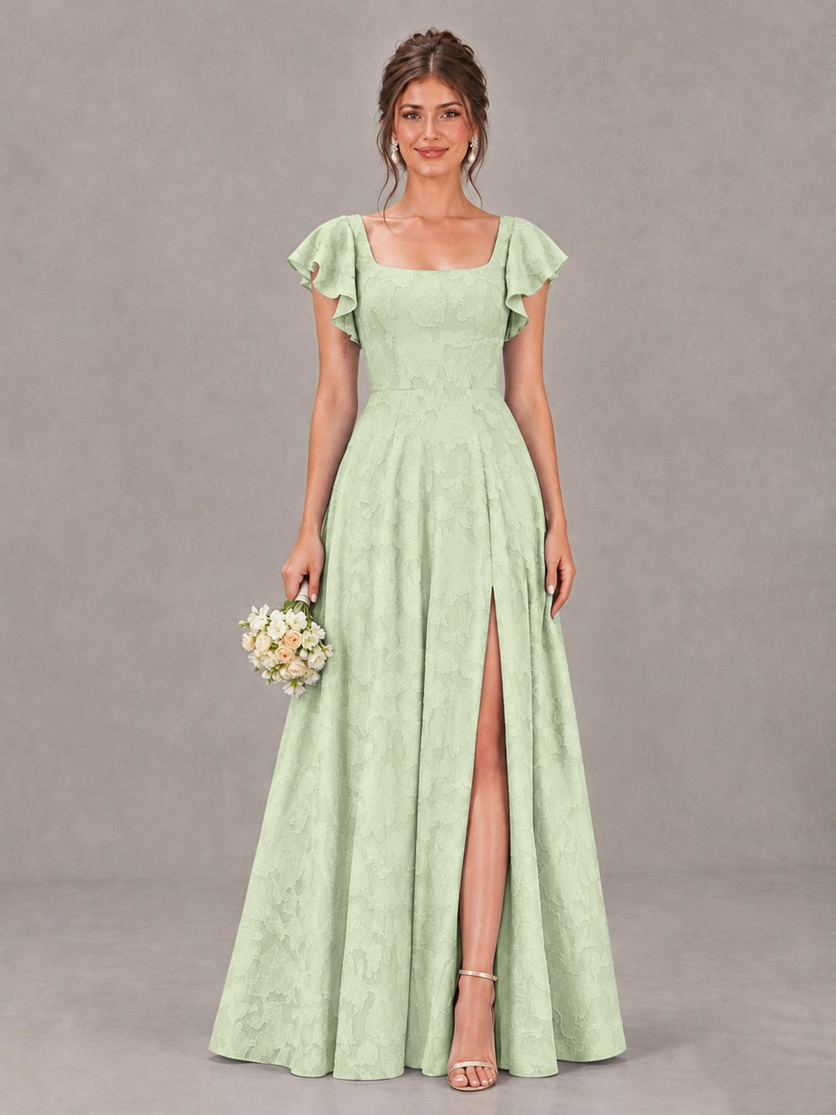 BOLODOO Sage Green Floral Flutter Sleeve Bridesmaid Dress with Slit - Sage Green - Sage Green (1)