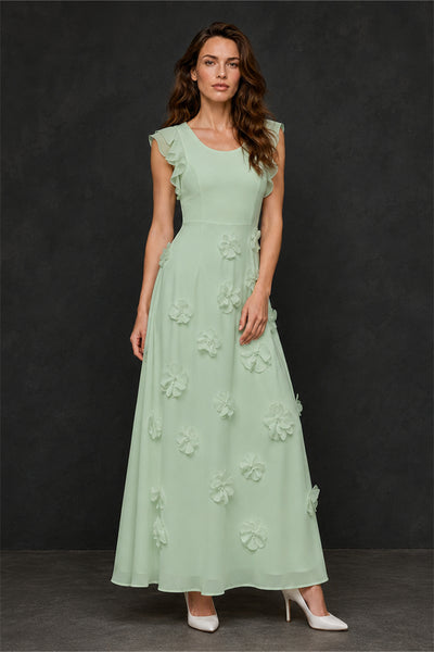 BOLODOO Sage Green Scoop Neck Flutter Sleeve 3D Floral Appliqué A-Line Chiffon Maxi Dress - Sage Green