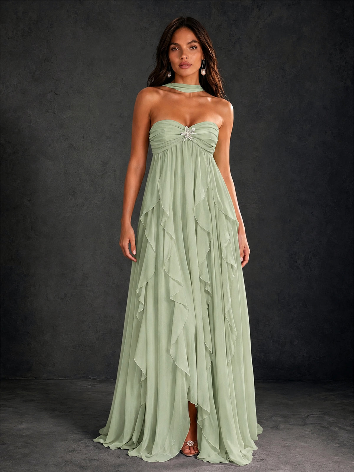 BOLODOO Sage Green Halter Neck Cascading Ruffle Chiffon Maxi Dress | Keyhole Open Back - Sage Green