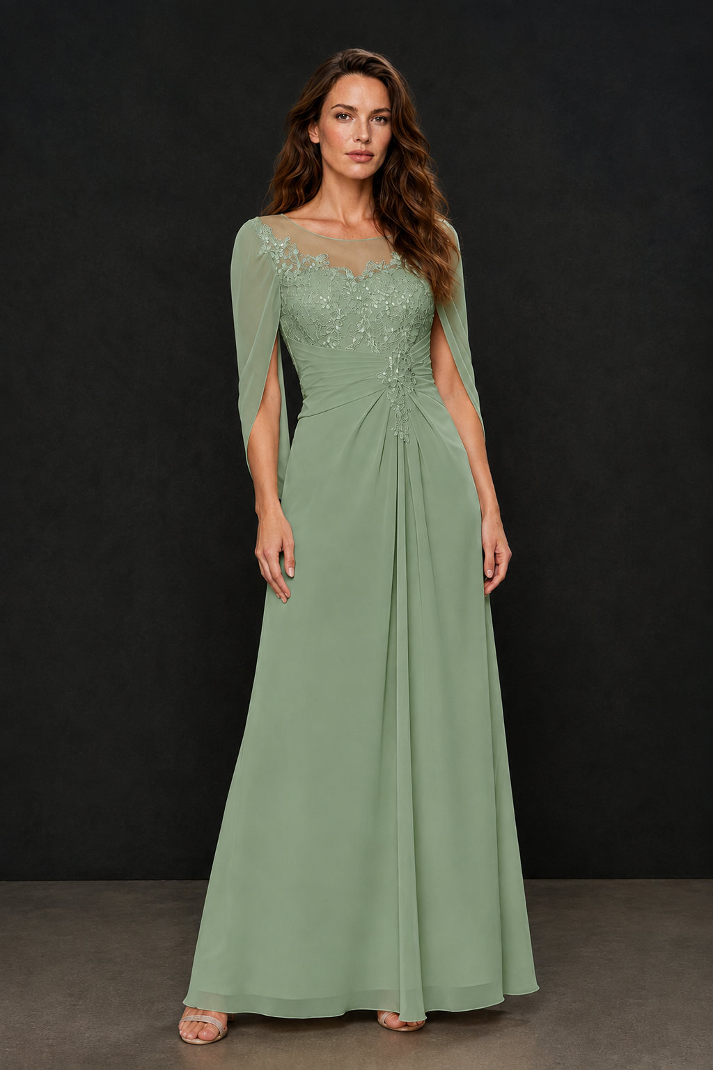 BOLODOO Sage Green Illusion Lace One-Side Cape Sleeve Beaded Chiffon Floor Length Gown | Mother of the Bride Evening Dress - Sage Green