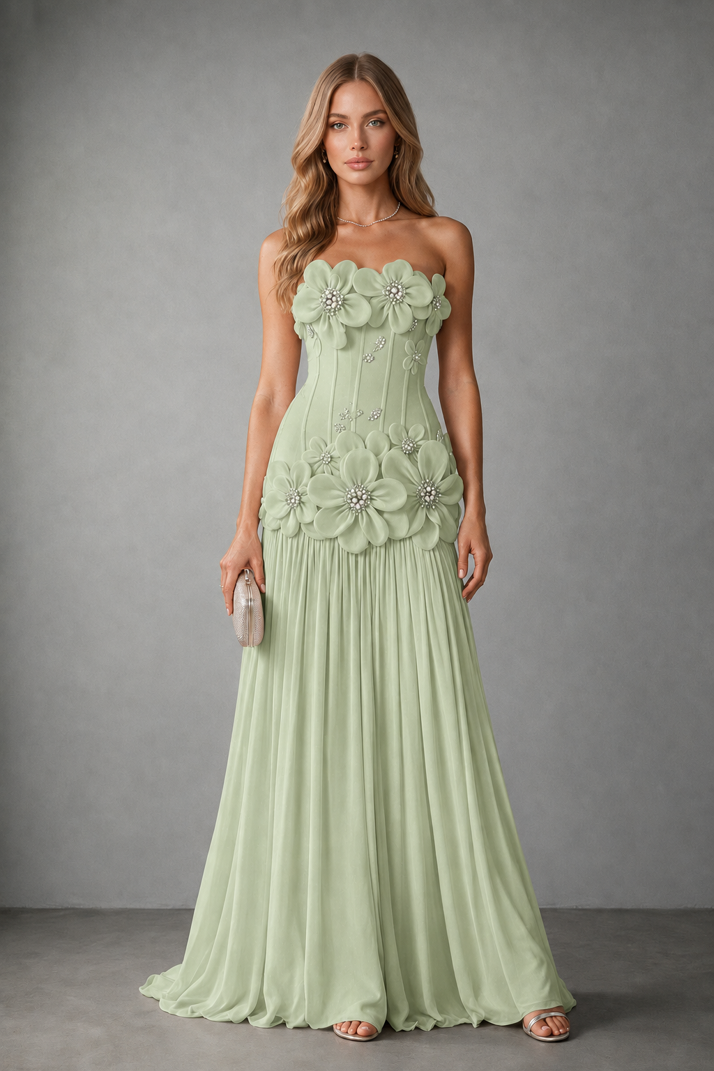 BOLODOO Sage Green Strapless Floral Appliqué Evening Gown - Sage Green