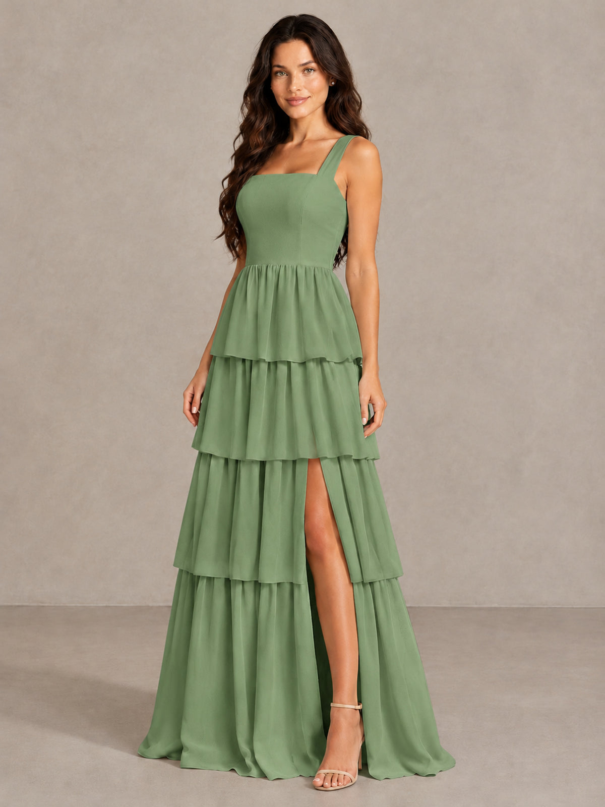 BOLODOO Sage Green Square Neck Tiered Bridesmaid Dress with Slit - Sage Green - Sage Green (1)
