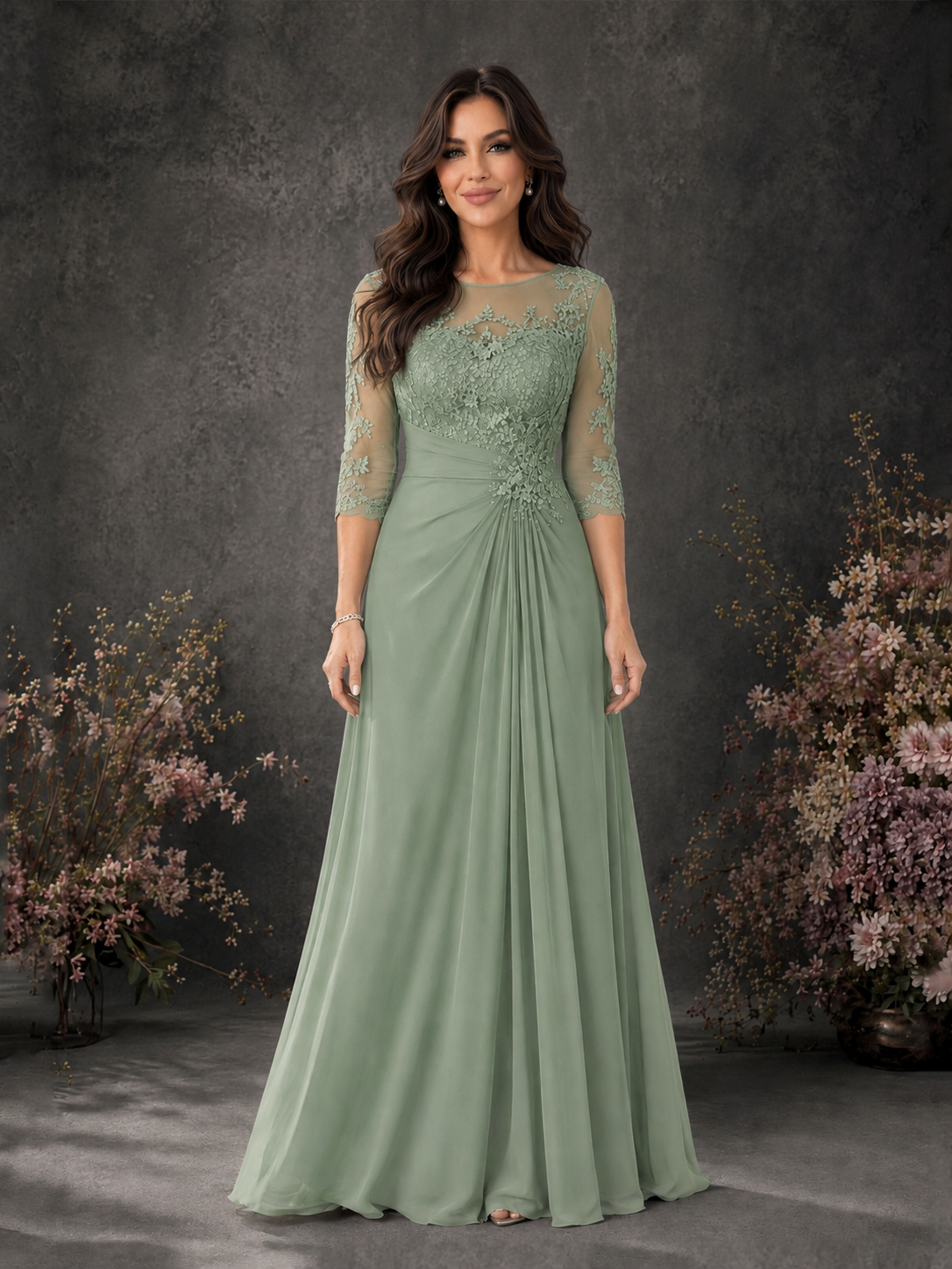 BOLODOO Sage Green Chiffon Lace Illusion Neckline 3/4 Sleeve Floor Length Formal Gown - Sage Green