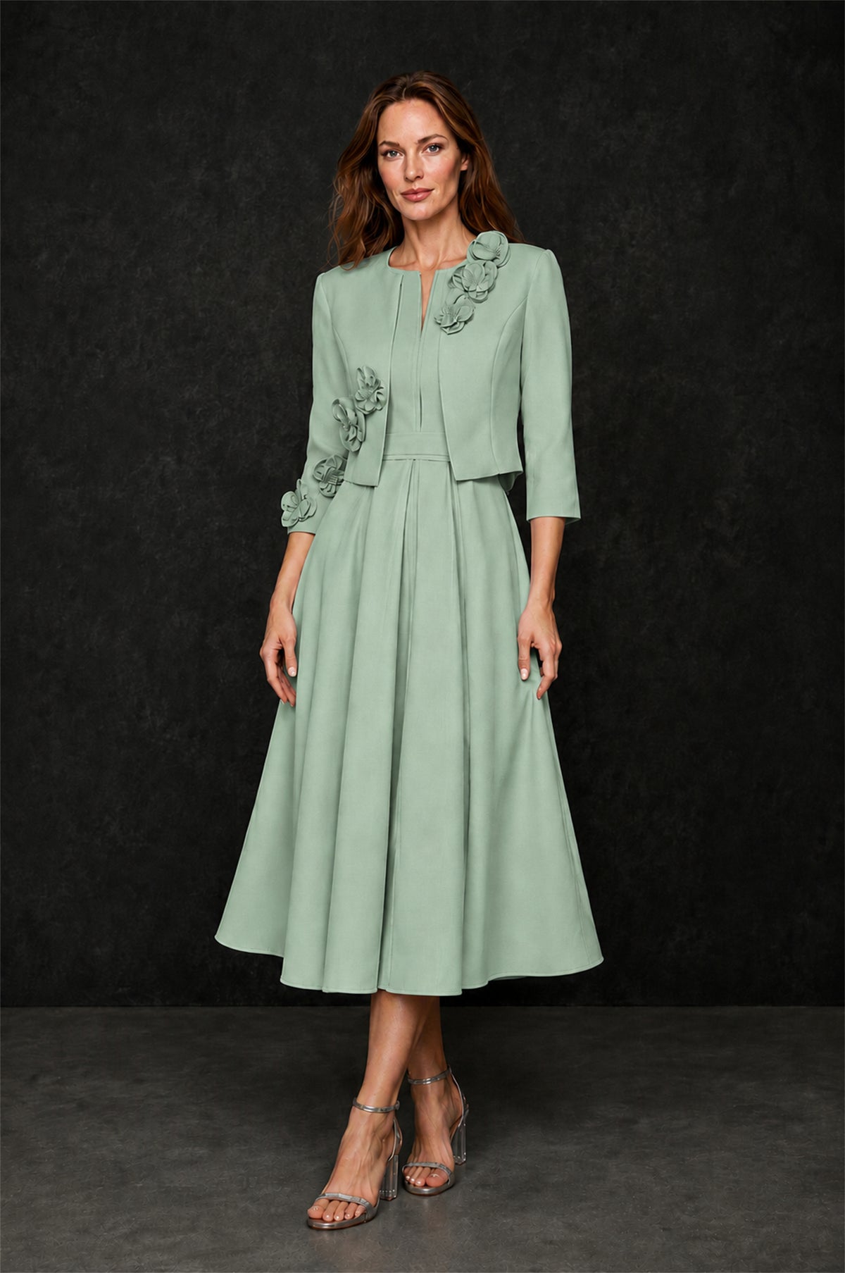 BOLODOO Sage Green 3D Rosette Appliqué 3/4 Sleeve Jacket & V-Notch Sleeveless A-Line Tea-Length Two-Piece Dress Set - Sage Green