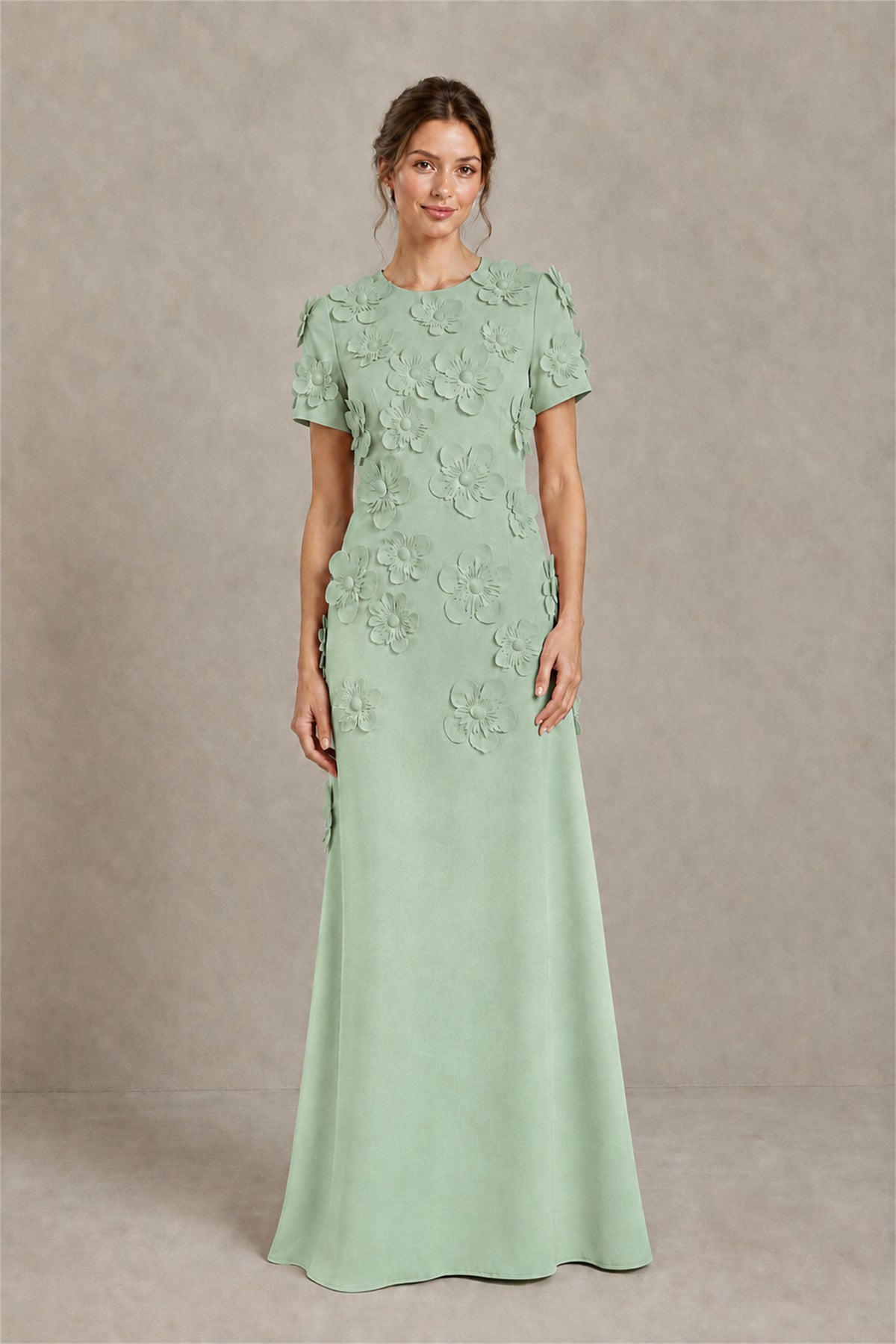 BOLODOO Sage Green Textured Floral Maxi Dress with Short Sleeves - Sage Green