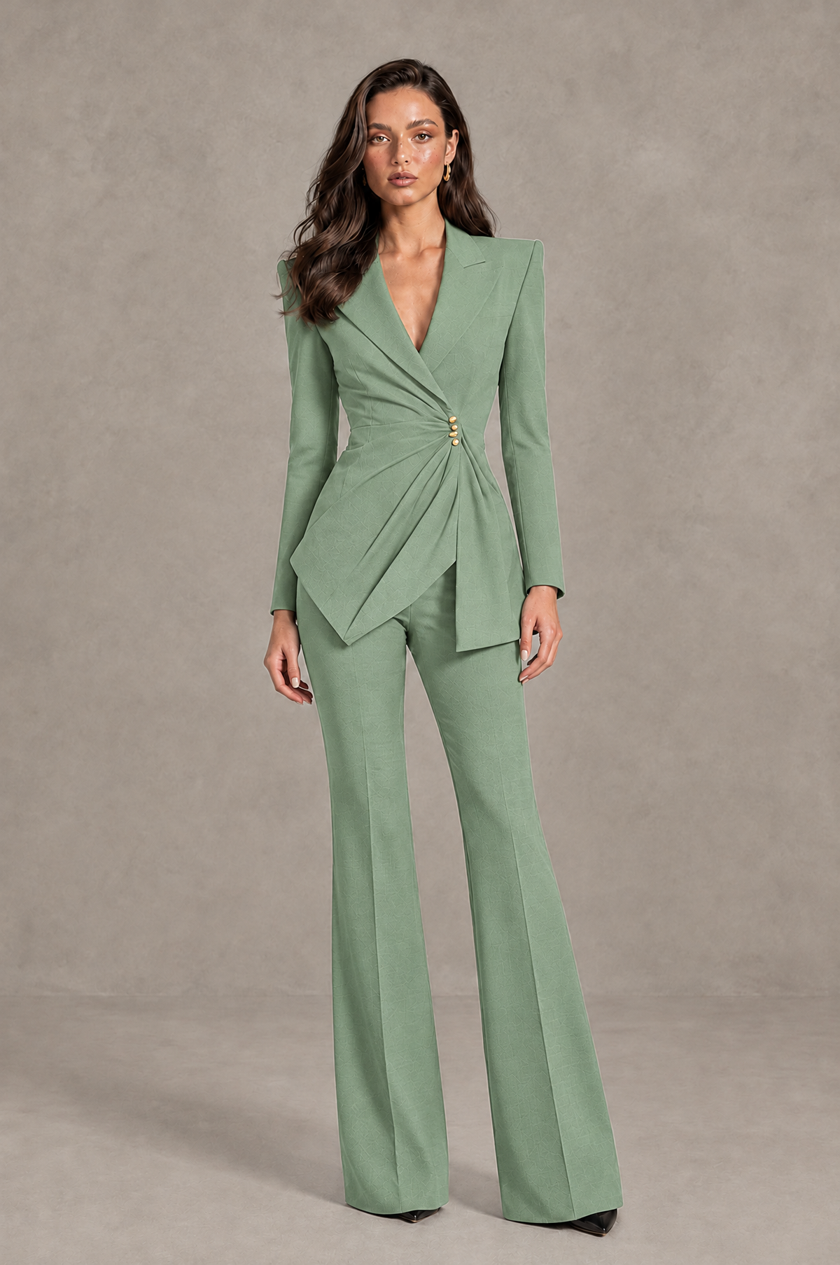 BOLODOO Sage Green Long Sleeve Wrap Blazer Pantsuit with Wide-Leg Trousers - Sage Green - Sage Green (1)