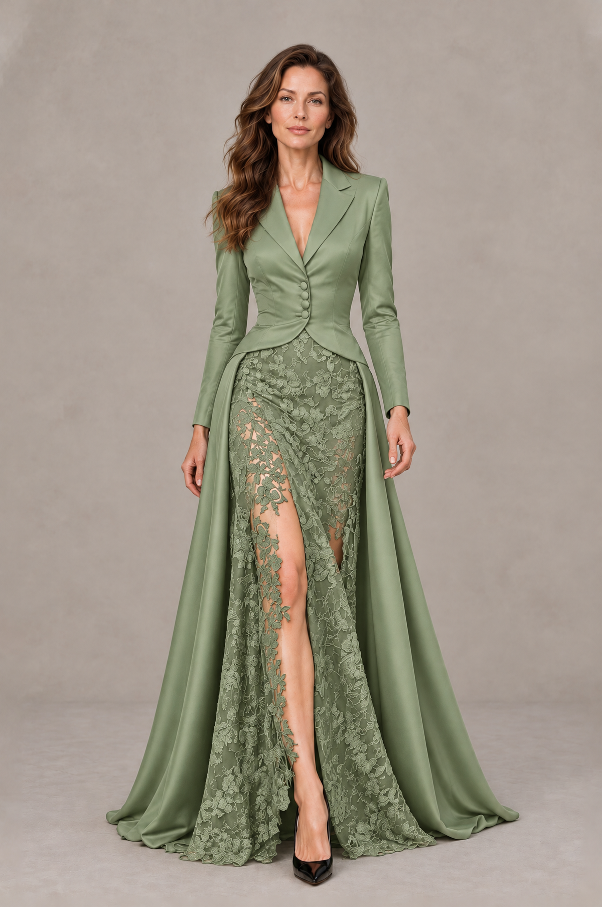 BOLODOO Sage Green Long Sleeve Lace Blazer Gown with High Slit - Sage Green - Sage Green (1)