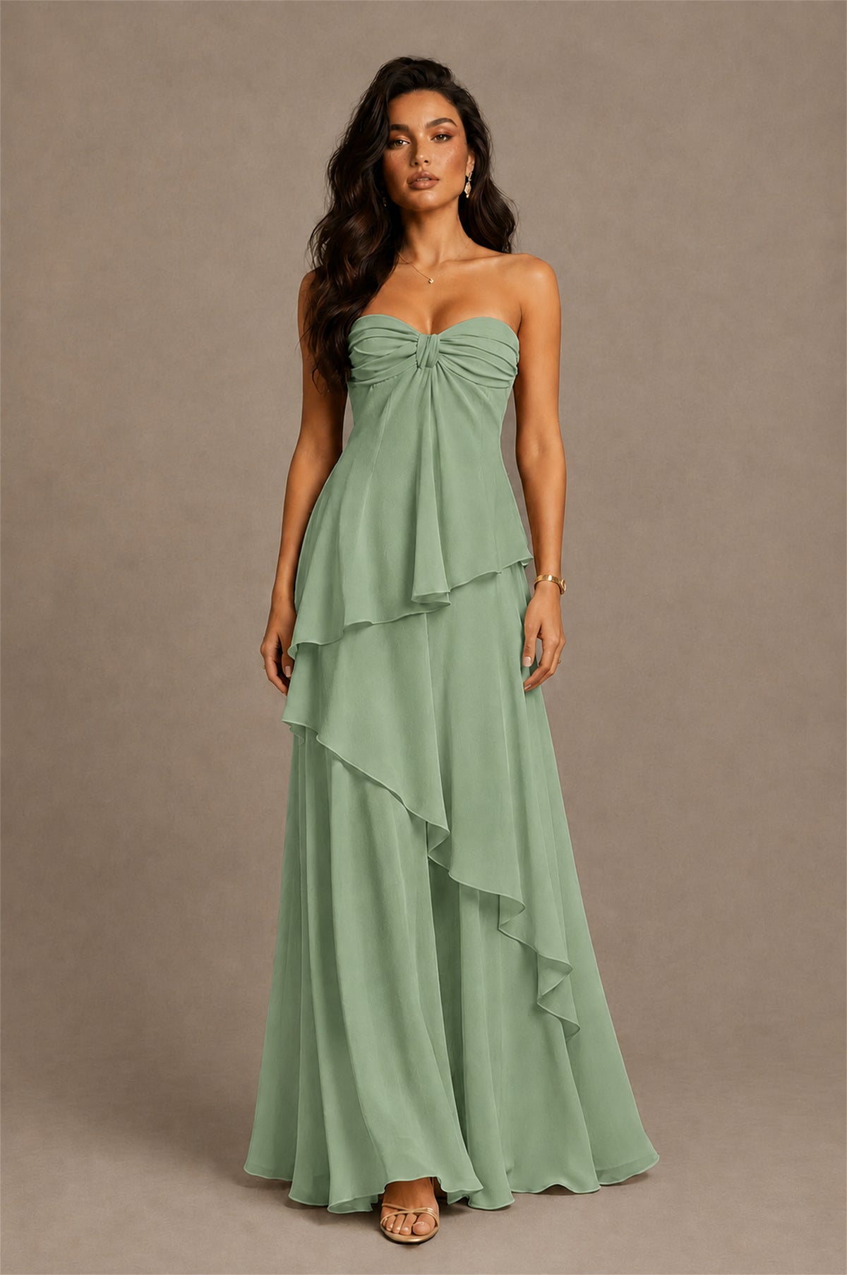 BOLODOO Sage Green Strapless Sweetheart Knotted Chiffon Tiered Maxi Dress with Lace-Up Back - Sage Green