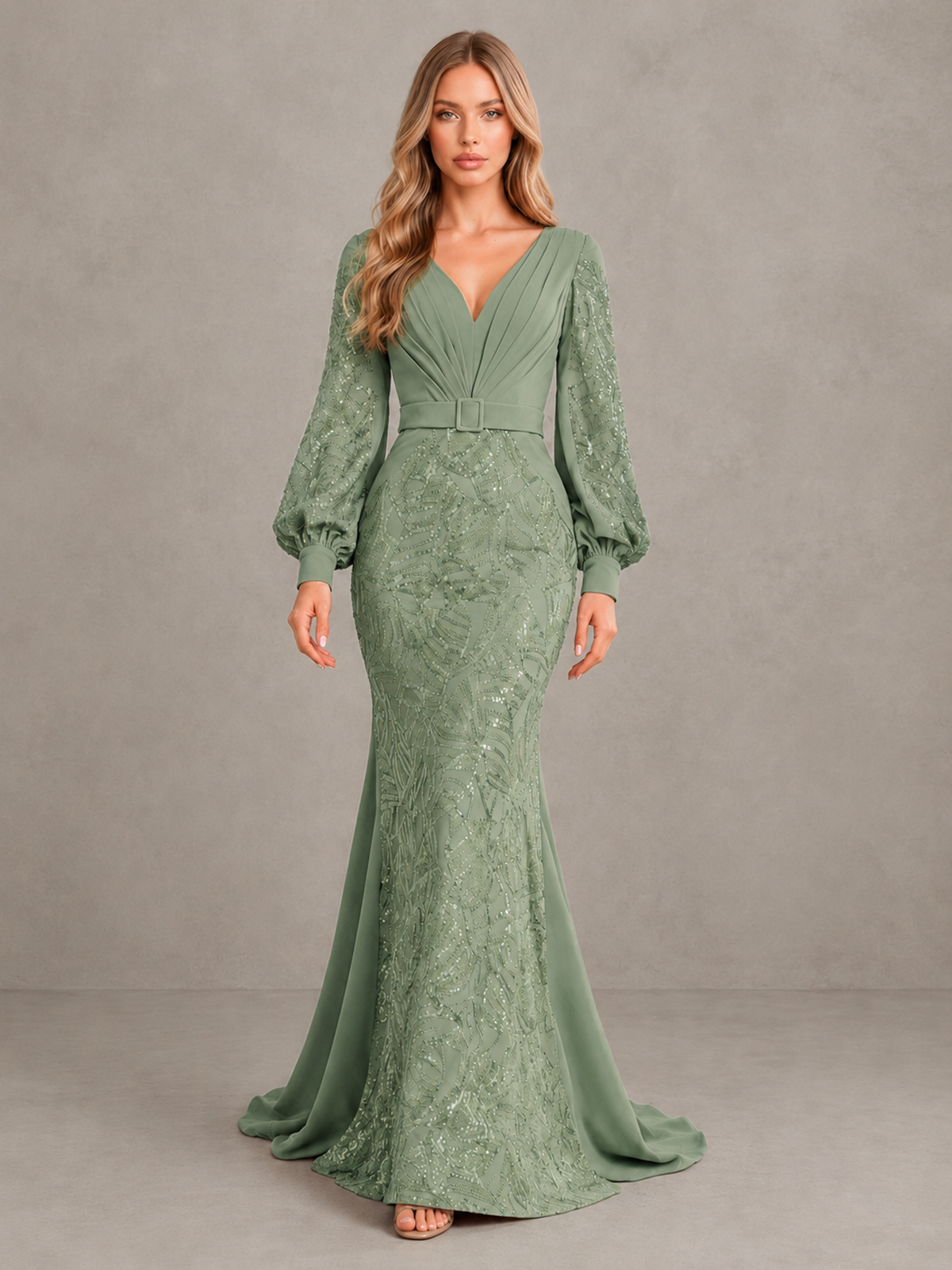 BOLODOO Sage Green Sequin Long Bishop Sleeve Mermaid Evening Dress - Sage Green - Sage Green (1)