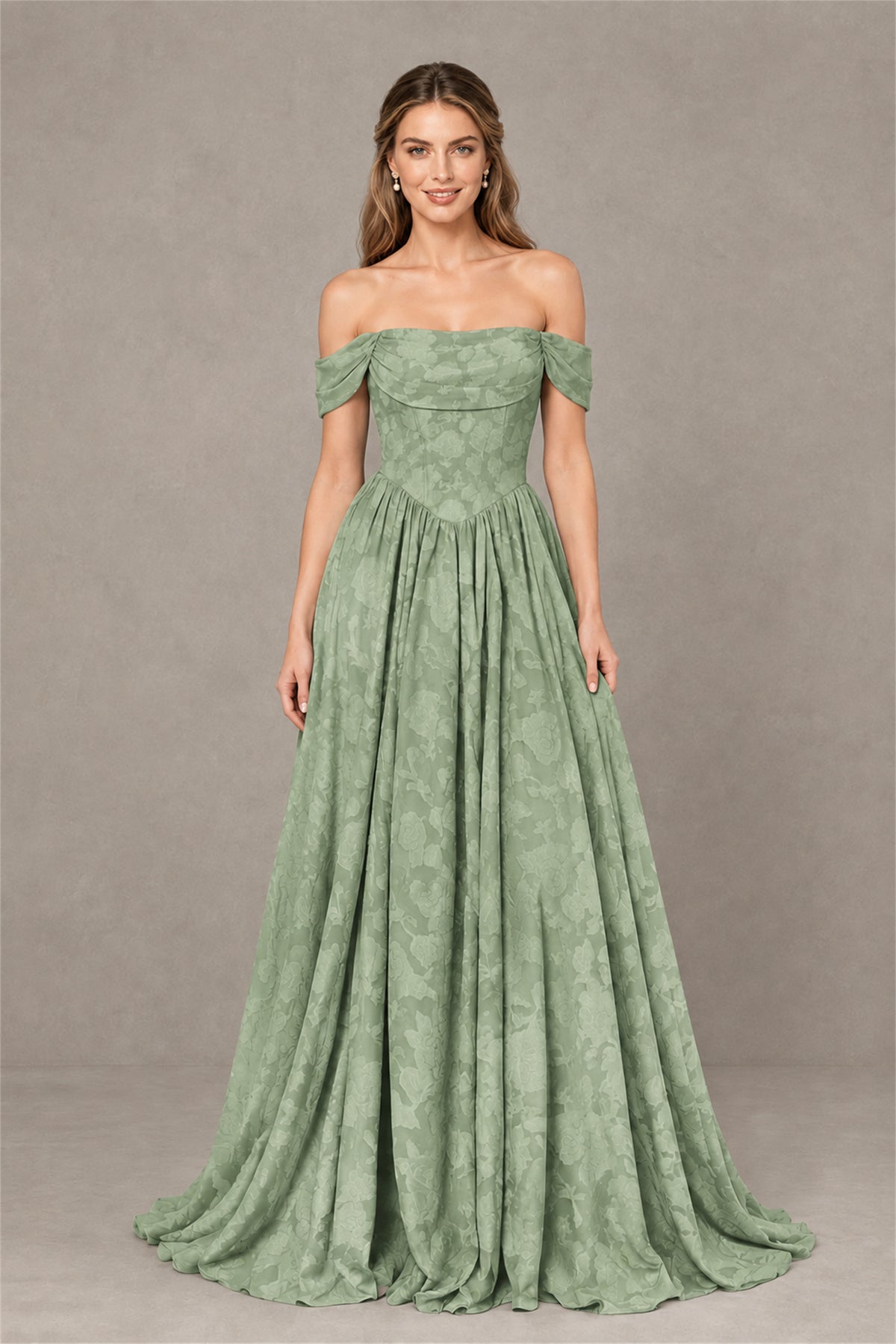 BOLODOO Sage Green Off-Shoulder Floral A-Line Maxi Dress - Sage Green