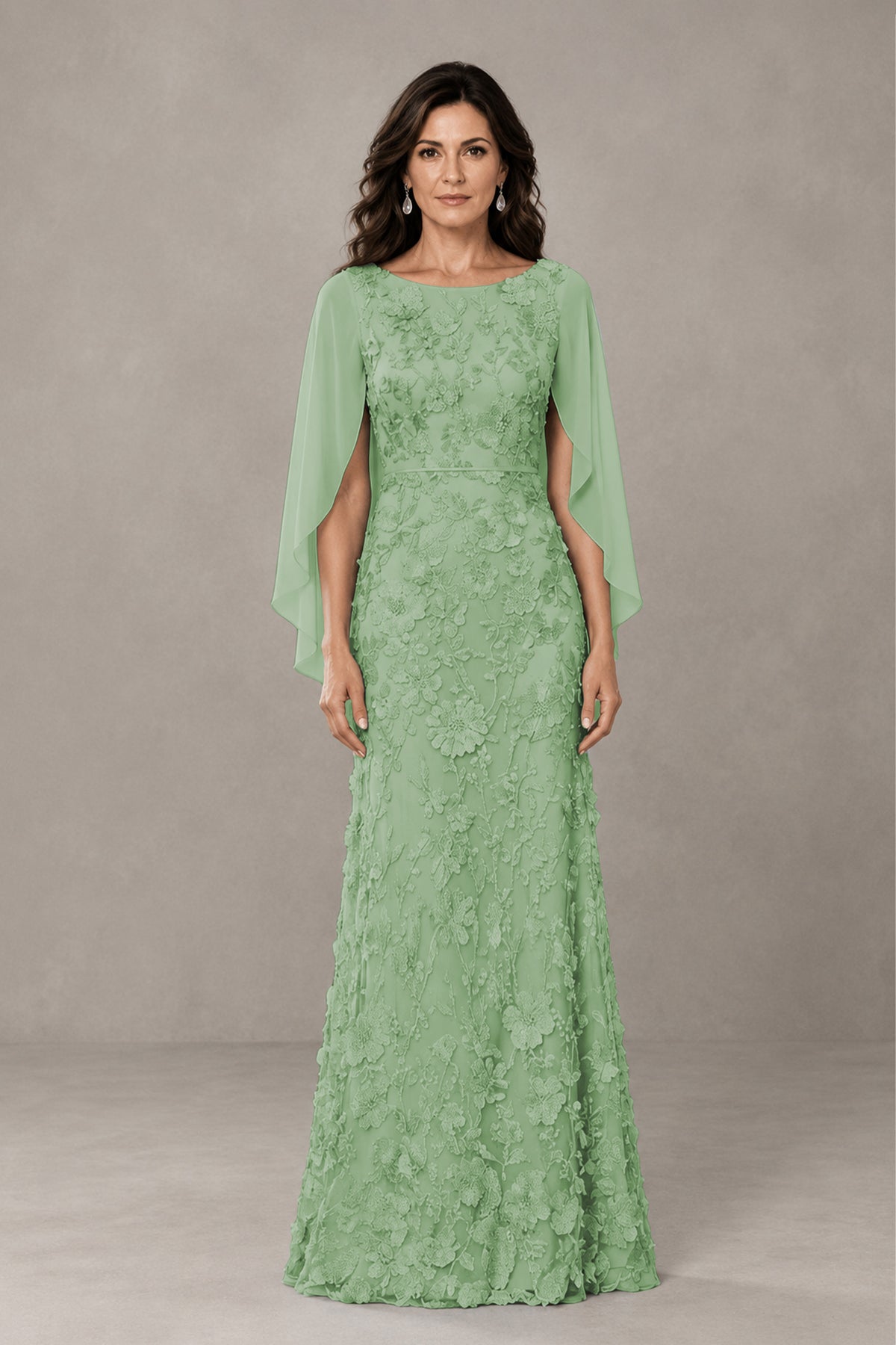 BOLODOO Sage Green Lace Mother of the Bride Dress with Cape Sleeves - Sage Green