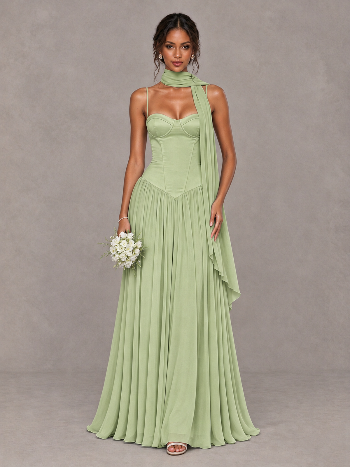 BOLODOO Sage Green Corset Bridesmaid Dress with Scarf - Sage Green - Sage Green (1)