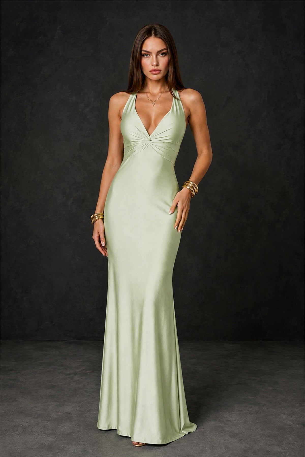 BOLODOO Sage Green Deep V Neck Twisted Knot Multi-Strap Halter Open Back Satin Mermaid Maxi Dress - Sage Green