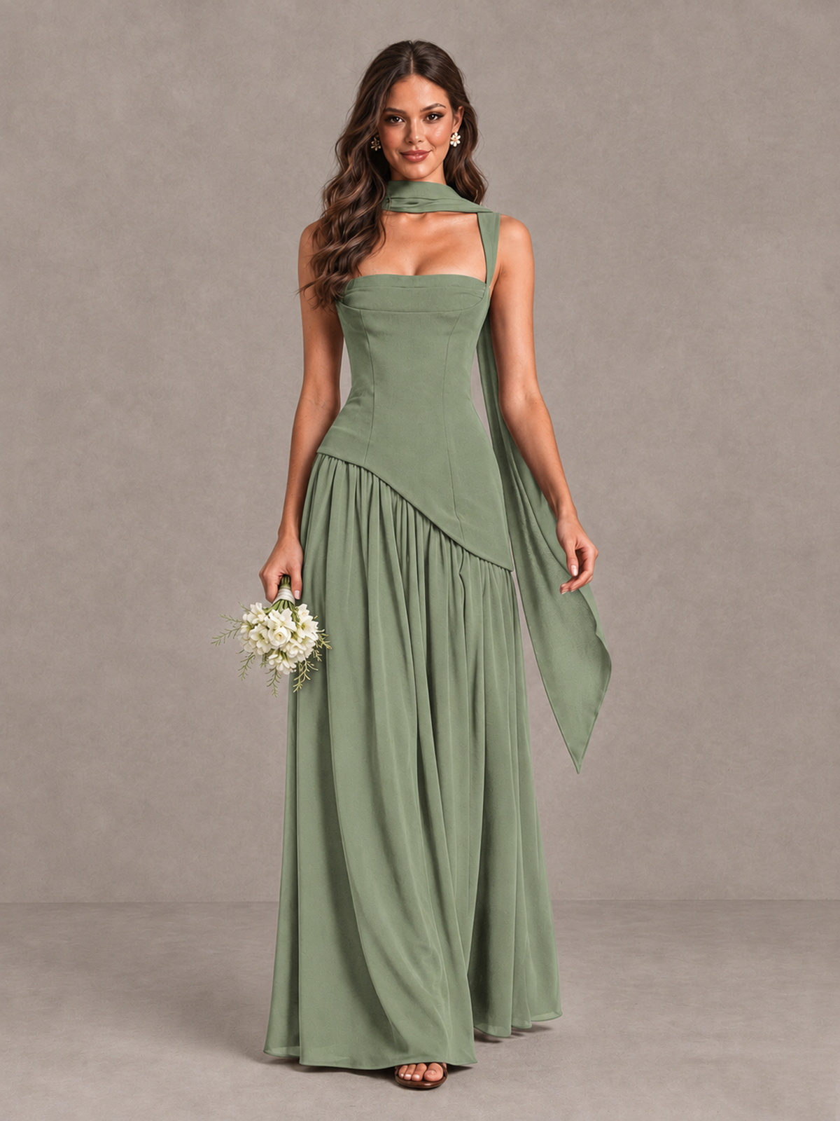 BOLODOO Sage Green Brown Scarf Bridesmaid Dress with Lace-Up Back - Sage Green - Sage Green (1)