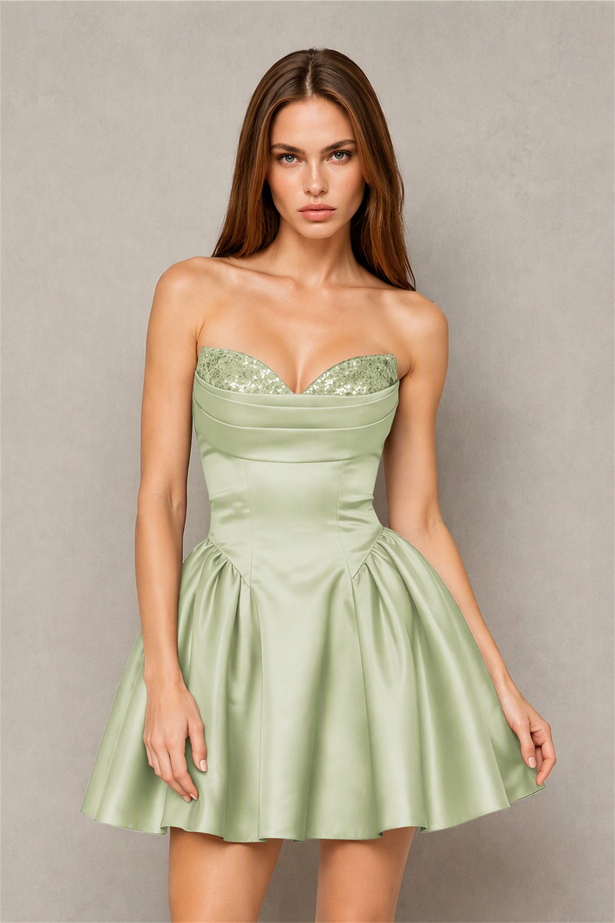 BOLODOO Sage Green Satin Sequin Sweetheart Strapless Corset Lace-Up Back A-Line Mini Dress | Prom Cocktail Homecoming Dress - Sage Green