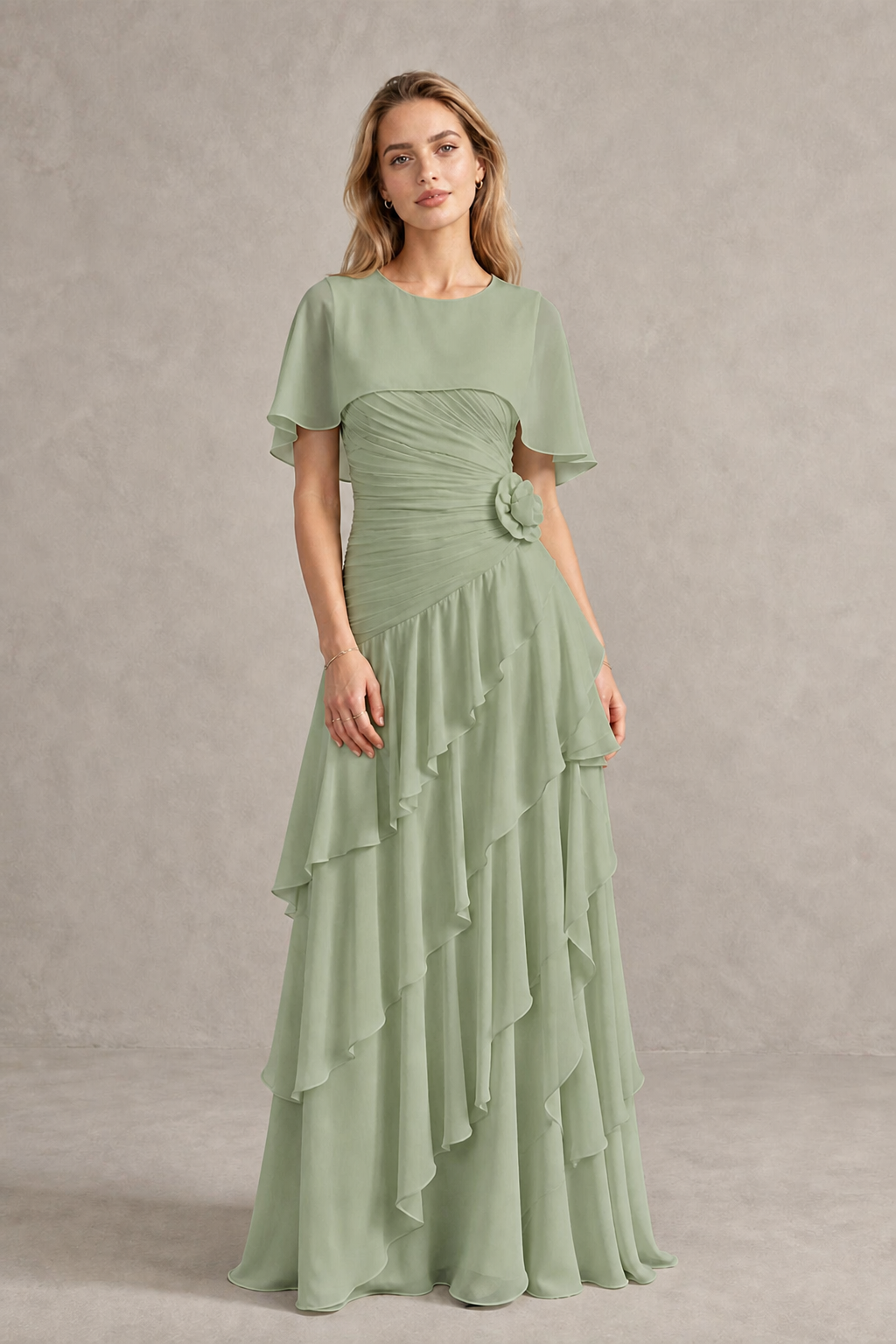 BOLODOO Sage Green Chiffon Flutter Sleeve Tiered Maxi Dress with 3D Rosette - Sage Green