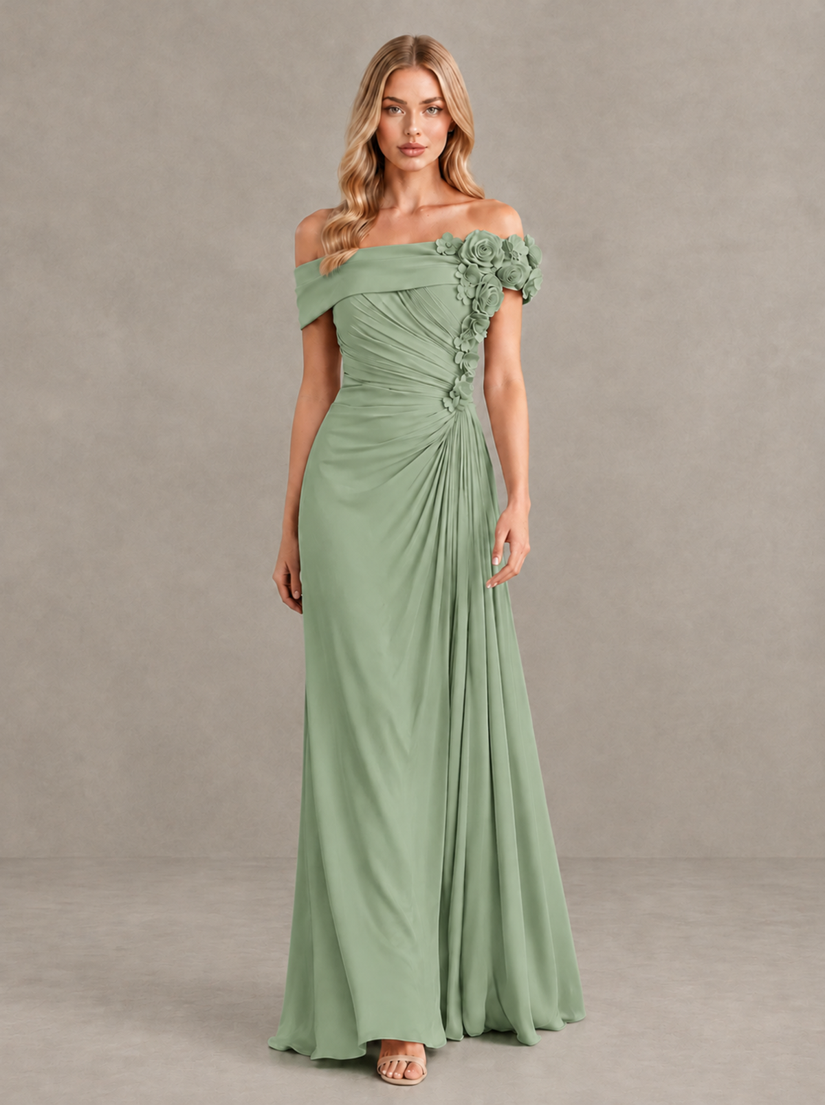BOLODOO Sage Green Off-Shoulder Floral Applique Wedding Guest Maxi Dress - Sage Green - Sage Green (1)