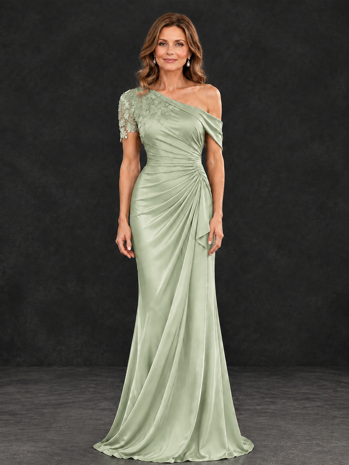 BOLODOO Sage Green Asymmetric Satin Mother of the Bride Dress with Lace Sleeve - Sage Green - Sage Green (1)