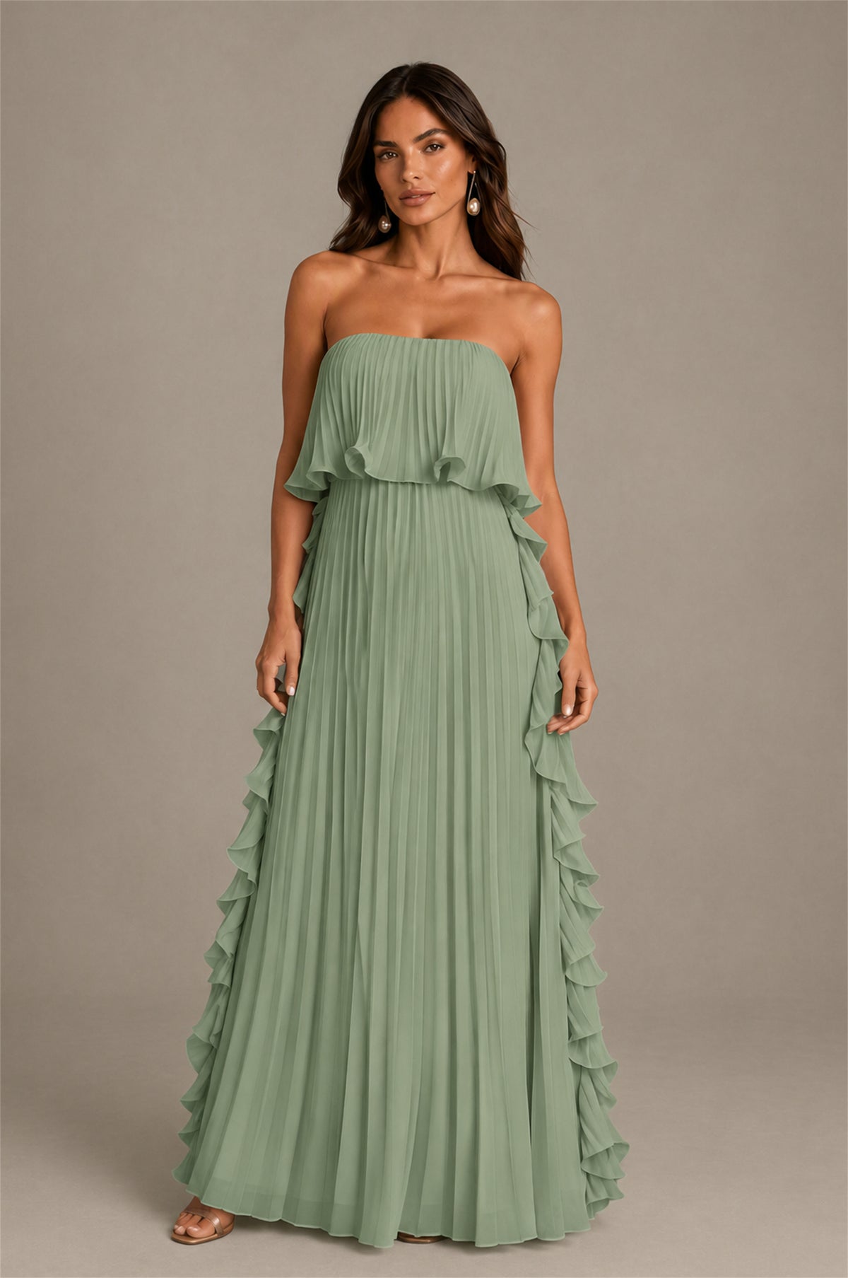 BOLODOO Sage Green Strapless Ruffle Bodice Dual Cascading Ruffle Accordion Pleated Chiffon Maxi Dress - Sage Green