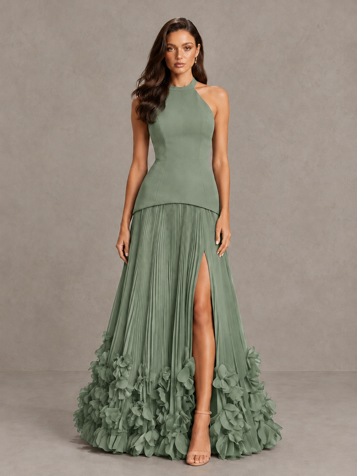 BOLODOO Sage Green Halter Neck Floor-Length Evening Gown with High Slit & 3D Floral Hem - Sage Green - Sage Green (1)