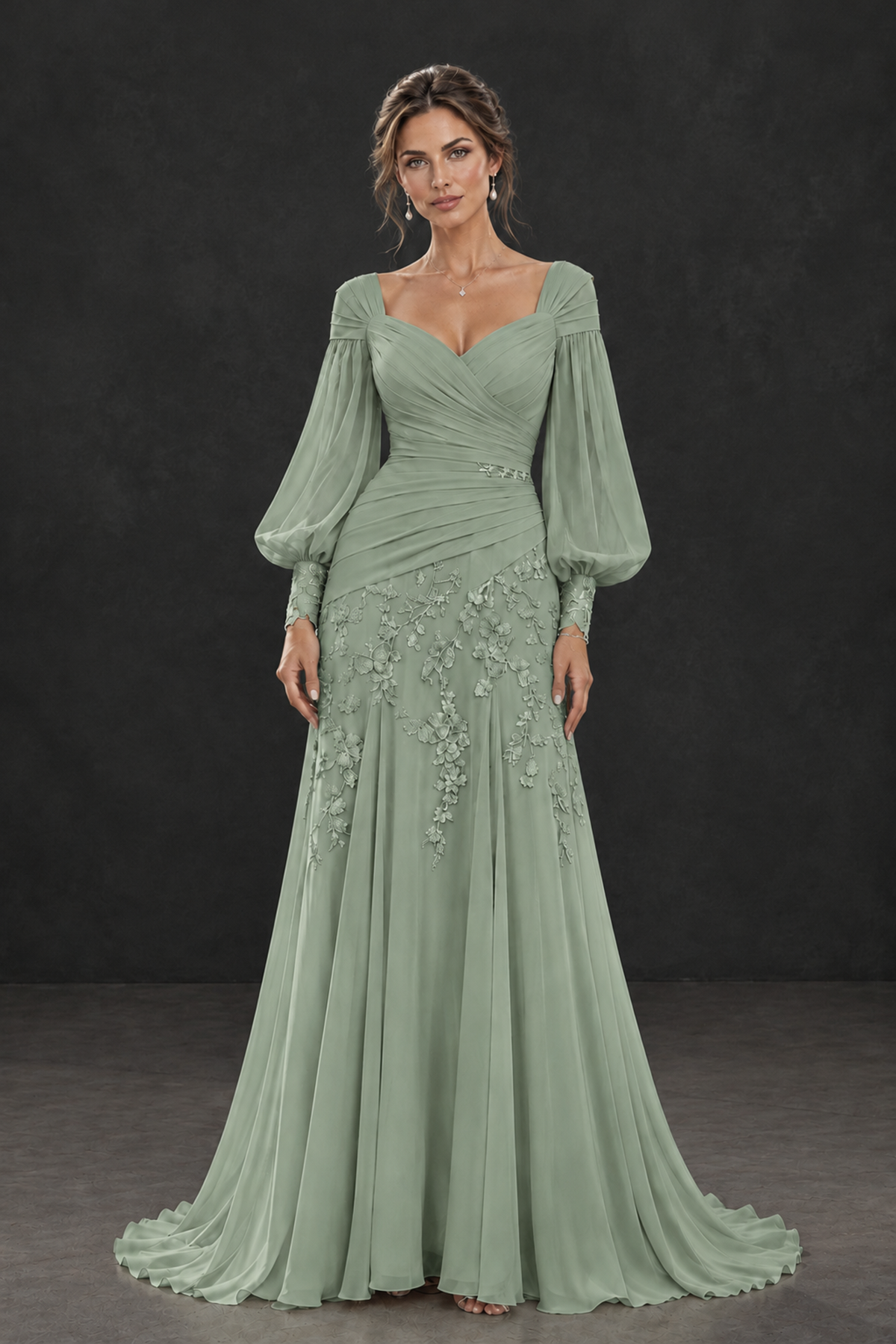 BOLODOO Sage Green Long Sleeve Mother of the Bride Dress with Floral Appliqués - Sage Green - Sage Green (1)