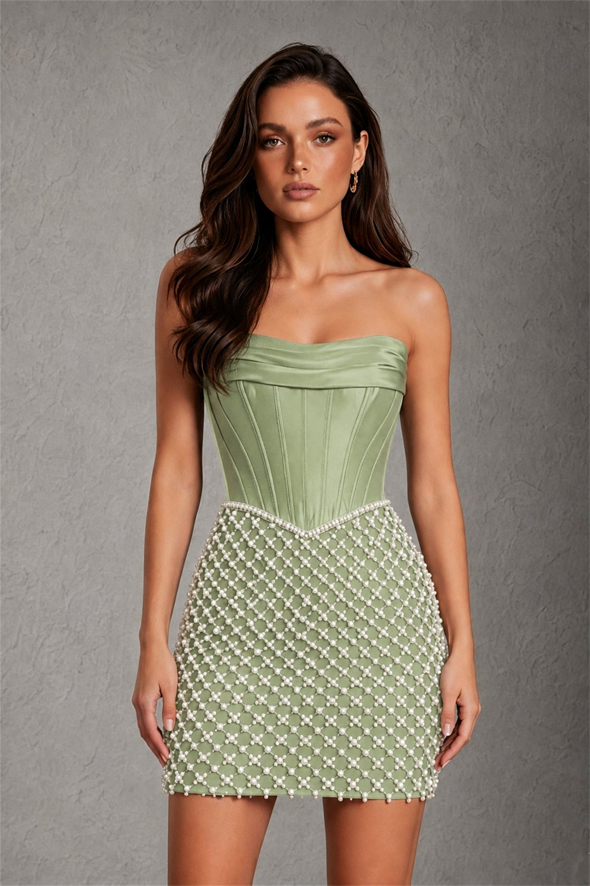 BOLODOO Sage Green Strapless Boned Corset Mini Dress Sage Green Geometric Beaded Skirt Lace-Up Back BD0355 - Sage Green