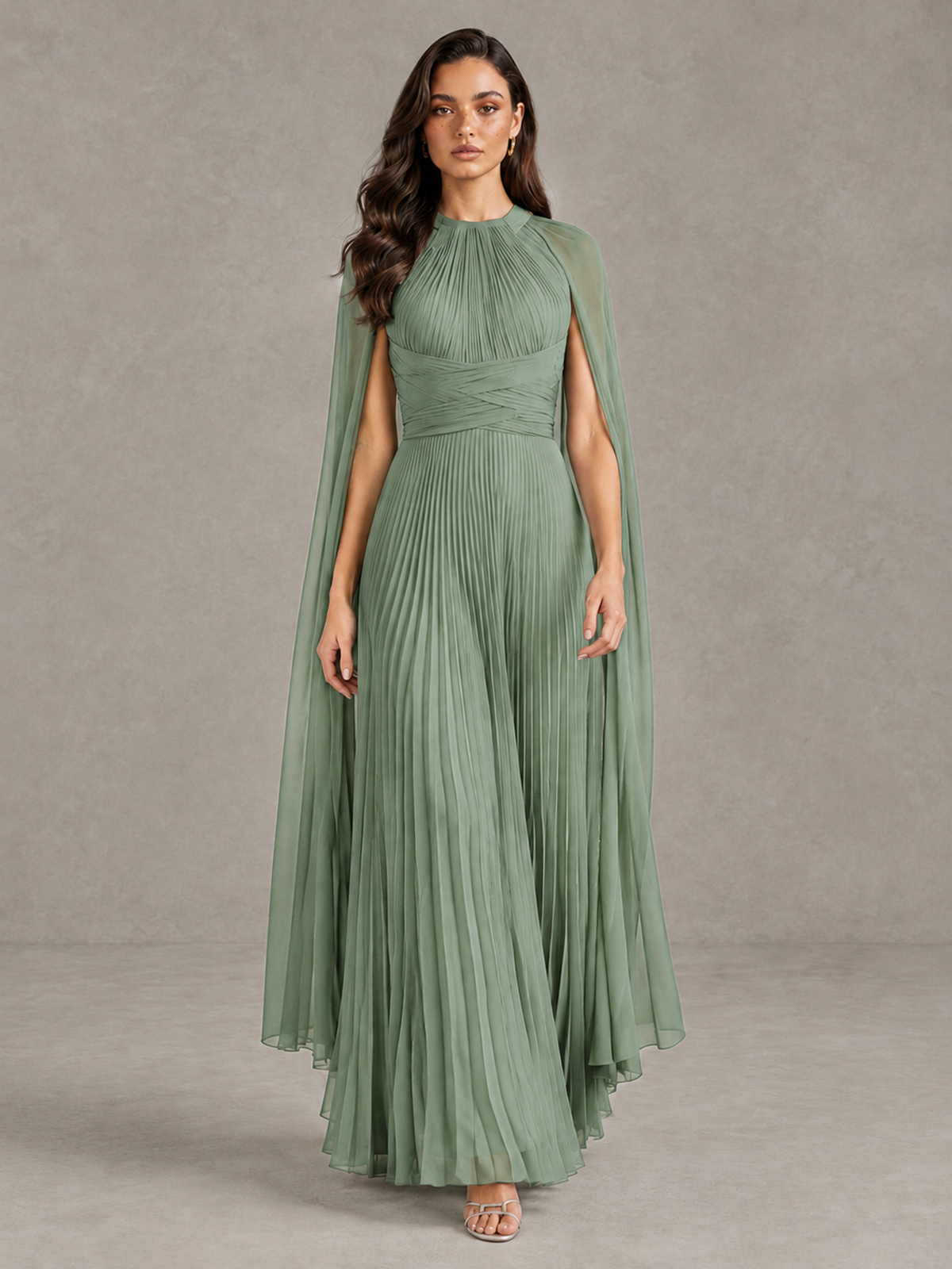 BOLODOO Sage Green Pleated Cape Maxi Wedding Guest Dress - Sage Green - Sage Green (1)