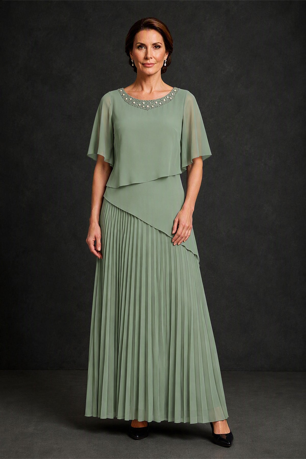 BOLODOO Sage Green Pearl Beaded Neck Asymmetric Tiered Flutter Sleeve Pleated Chiffon Maxi Dress - Sage Green