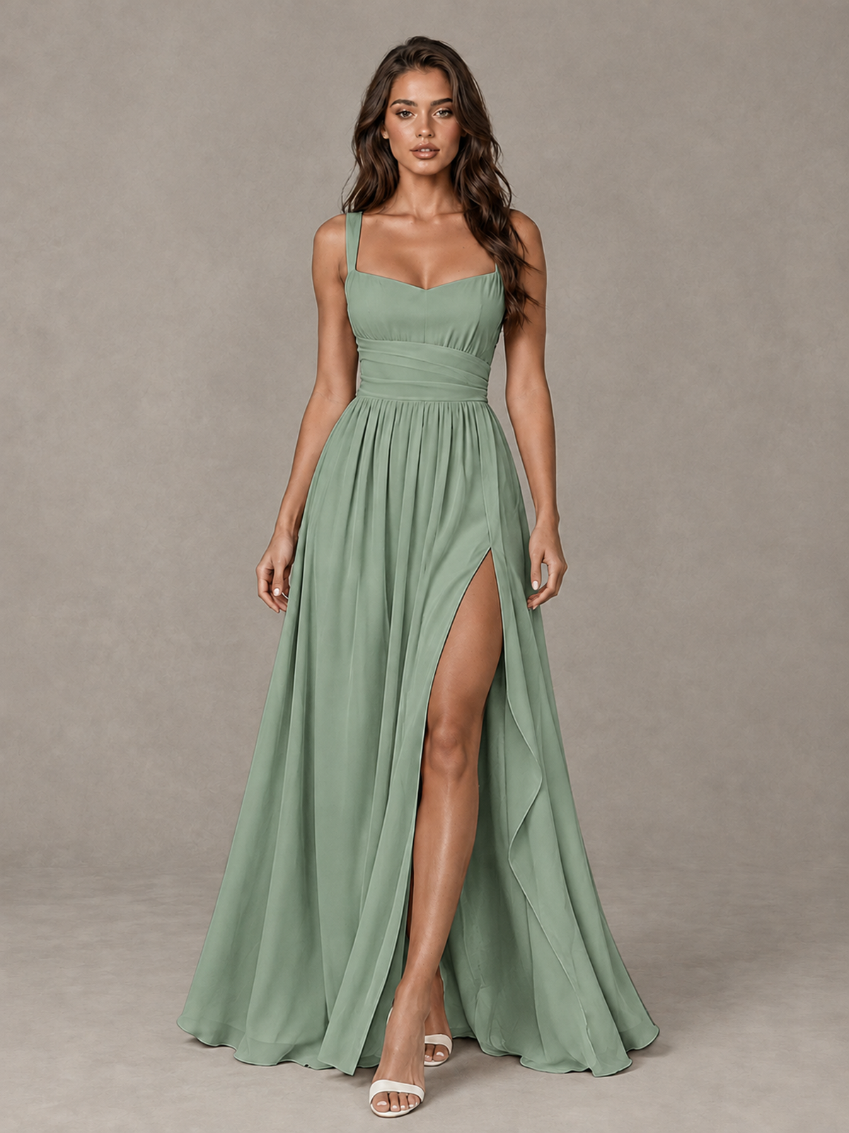BOLODOO Sage Green A-Line Bridesmaid Dress with High Slit & Lace-Up Back - Sage Green - Sage Green (1)