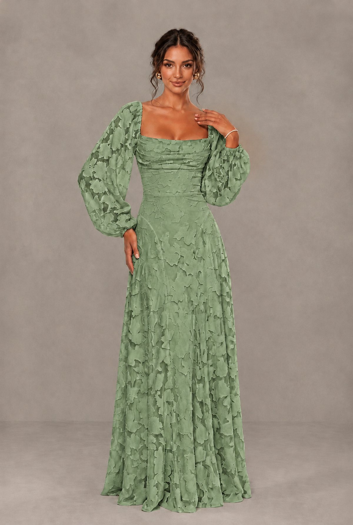 BOLODOO Floral Sage Green Long Sleeve A-Line Dress with Lace-Up Back - Sage Green