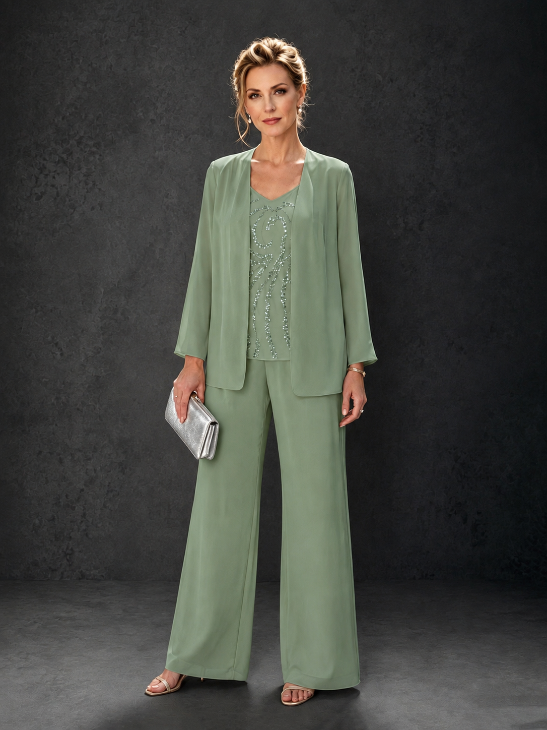 BOLODOO Sage Green 3-Piece Mother of the Bride Pant Suit with Beaded Top & Chiffon Jacket - Sage Green