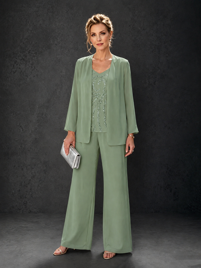 BOLODOO Sage Green 3-Piece Mother of the Bride Pant Suit with Beaded Top & Chiffon Jacket - Sage Green